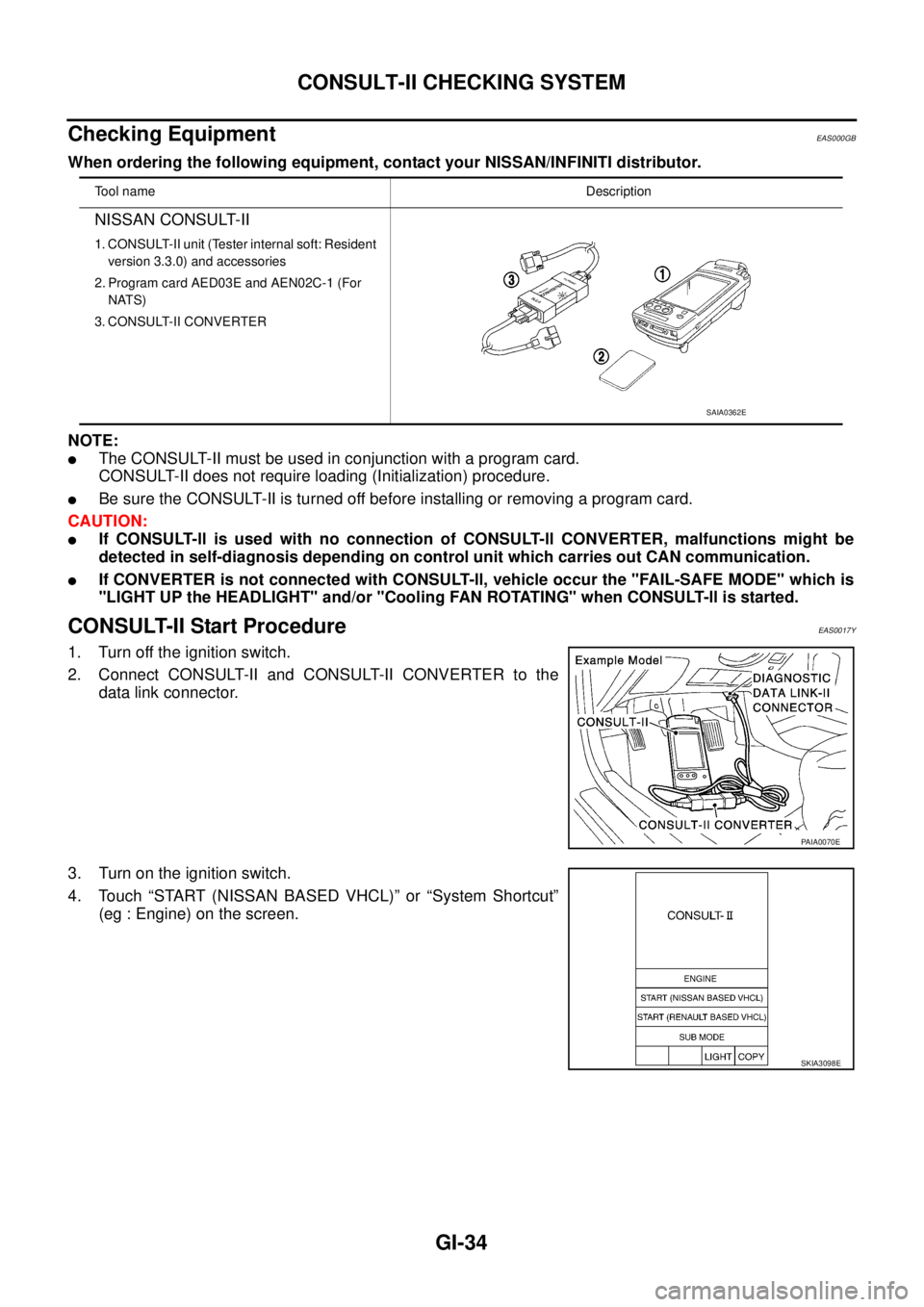 NISSAN X-TRAIL 2003  Service Repair Manual GI-34
CONSULT-II CHECKING SYSTEM
 
Checking Equipment EAS000GB
When ordering the following equipment, contact your NISSAN/INFINITI distributor.
NOTE:
The CONSULT-II must be used in conjunction with a