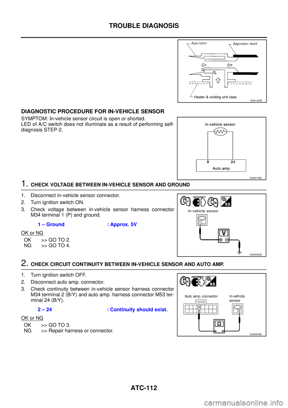 NISSAN X-TRAIL 2003 Service Repair Manual ATC-112
TROUBLE DIAGNOSIS
DIAGNOSTIC PROCEDURE FOR IN-VEHICLE SENSOR
SYMPTOM: In-vehicle sensor circuit is open or shorted.
LED of A/C switch does not illuminate as a result of performing self-
diag NISSAN X-TRAIL 2003 Service Repair Manual ATC-112
TROUBLE DIAGNOSIS
DIAGNOSTIC PROCEDURE FOR IN-VEHICLE SENSOR
SYMPTOM: In-vehicle sensor circuit is open or shorted.
LED of A/C switch does not illuminate as a result of performing self-
diag