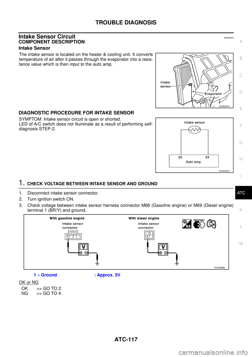 NISSAN X-TRAIL 2003  Service Repair Manual TROUBLE DIAGNOSIS
ATC-117
C
D
E
F
G
H
I
K
L
MA
B
AT C
 
Intake Sensor CircuitEJS004L6
COMPONENT DESCRIPTION
Intake Sensor
The intake sensor is located on the heater & cooling unit. It converts
tempera