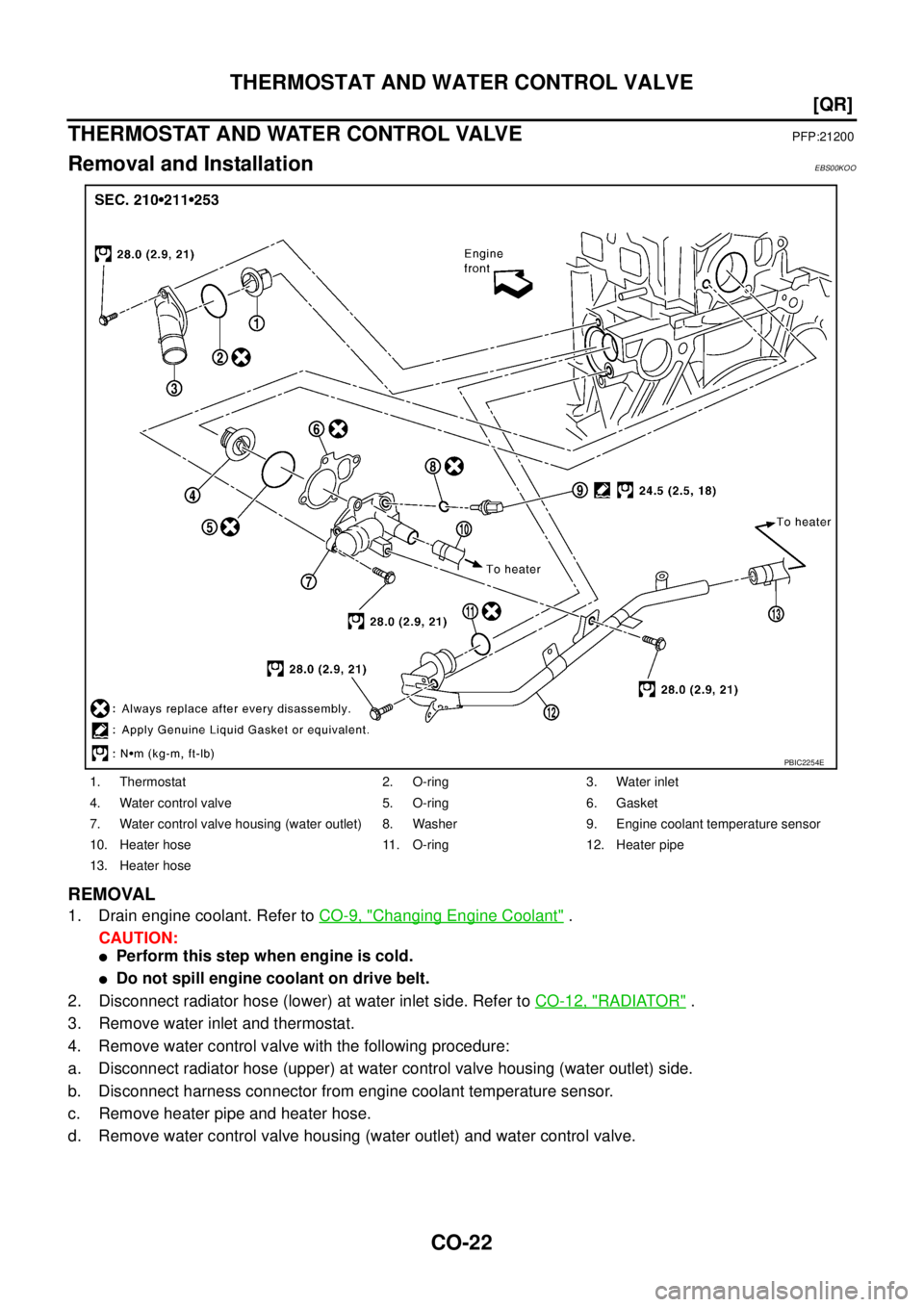NISSAN X-TRAIL 2003  Service Owners Manual CO-22
[QR]
THERMOSTAT AND WATER CONTROL VALVE
 
THERMOSTAT AND WATER CONTROL VALVEPFP:21200
Removal and InstallationEBS00KOO
REMOVAL
1. Drain engine coolant. Refer to CO-9, "Changing Engine Coolant" .