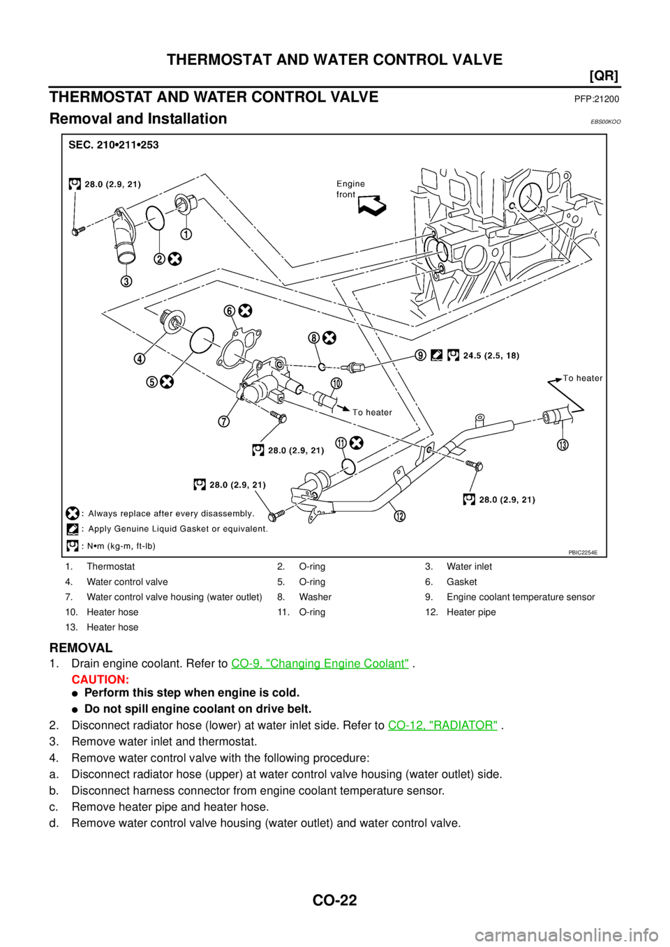 NISSAN X-TRAIL 2003  Service Repair Manual CO-22
[QR]
THERMOSTAT AND WATER CONTROL VALVE
 
THERMOSTAT AND WATER CONTROL VALVEPFP:21200
Removal and InstallationEBS00KOO
REMOVAL
1. Drain engine coolant. Refer to CO-9, "Changing Engine Coolant" .