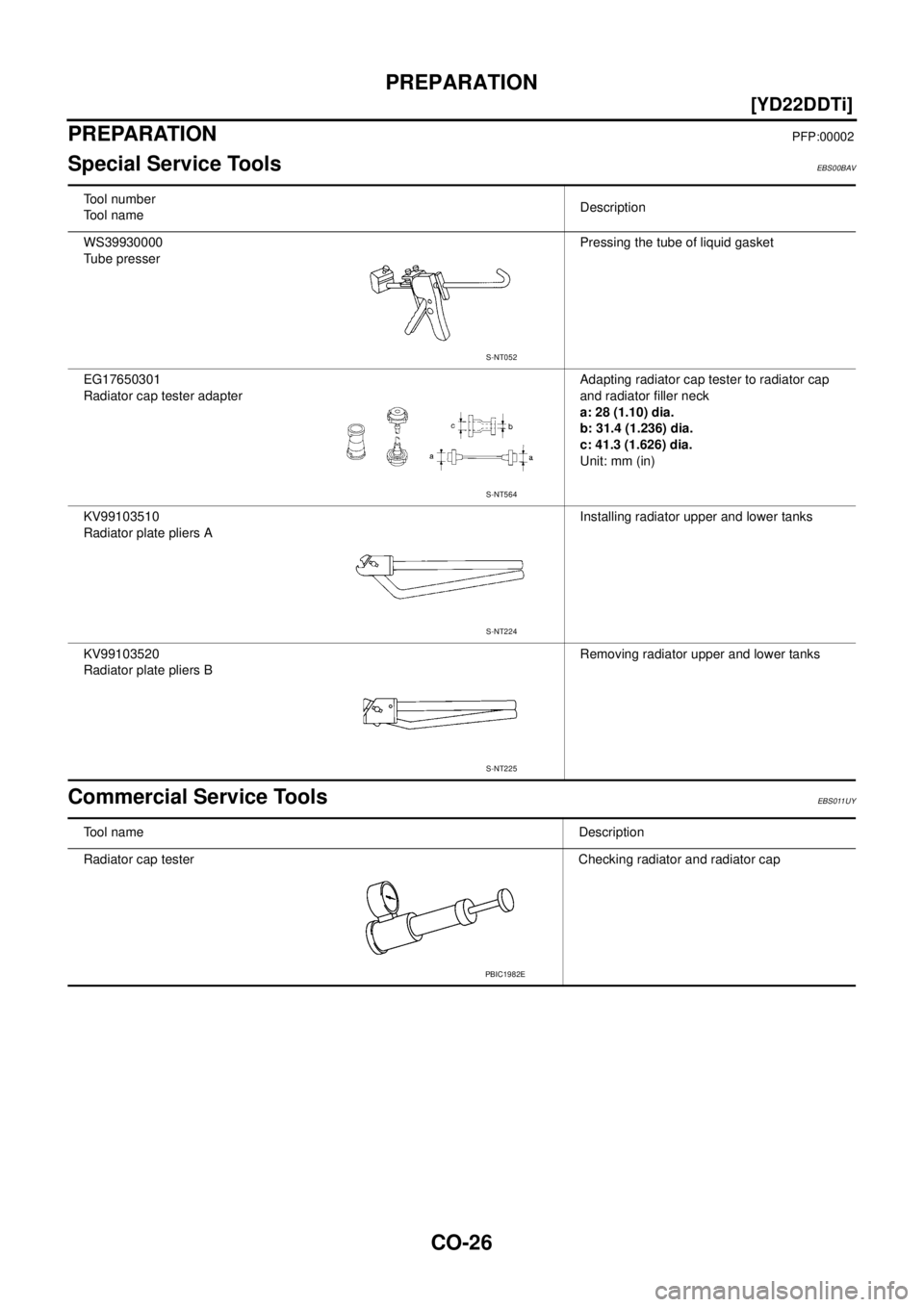 NISSAN X-TRAIL 2003  Service Repair Manual CO-26
[YD22DDTi]
PREPARATION
 
PREPARATIONPFP:00002
Special Service ToolsEBS00BAV
Commercial Service ToolsEBS011UY
Tool number
Tool nameDescription
WS39930000
Tube presserPressing the tube of liquid g