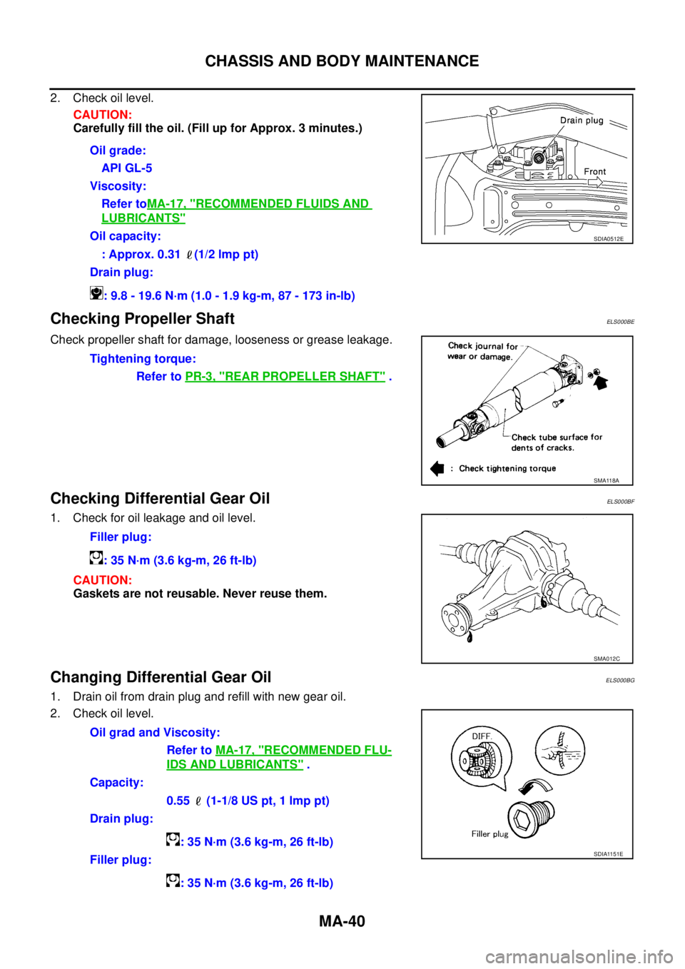 NISSAN X-TRAIL 2003  Service Repair Manual MA-40
CHASSIS AND BODY MAINTENANCE
 
2. Check oil level.
CAUTION:
Carefully fill the oil. (Fill up for Approx. 3 minutes.)
Checking Propeller ShaftELS000BE
Check propeller shaft for damage, looseness 
