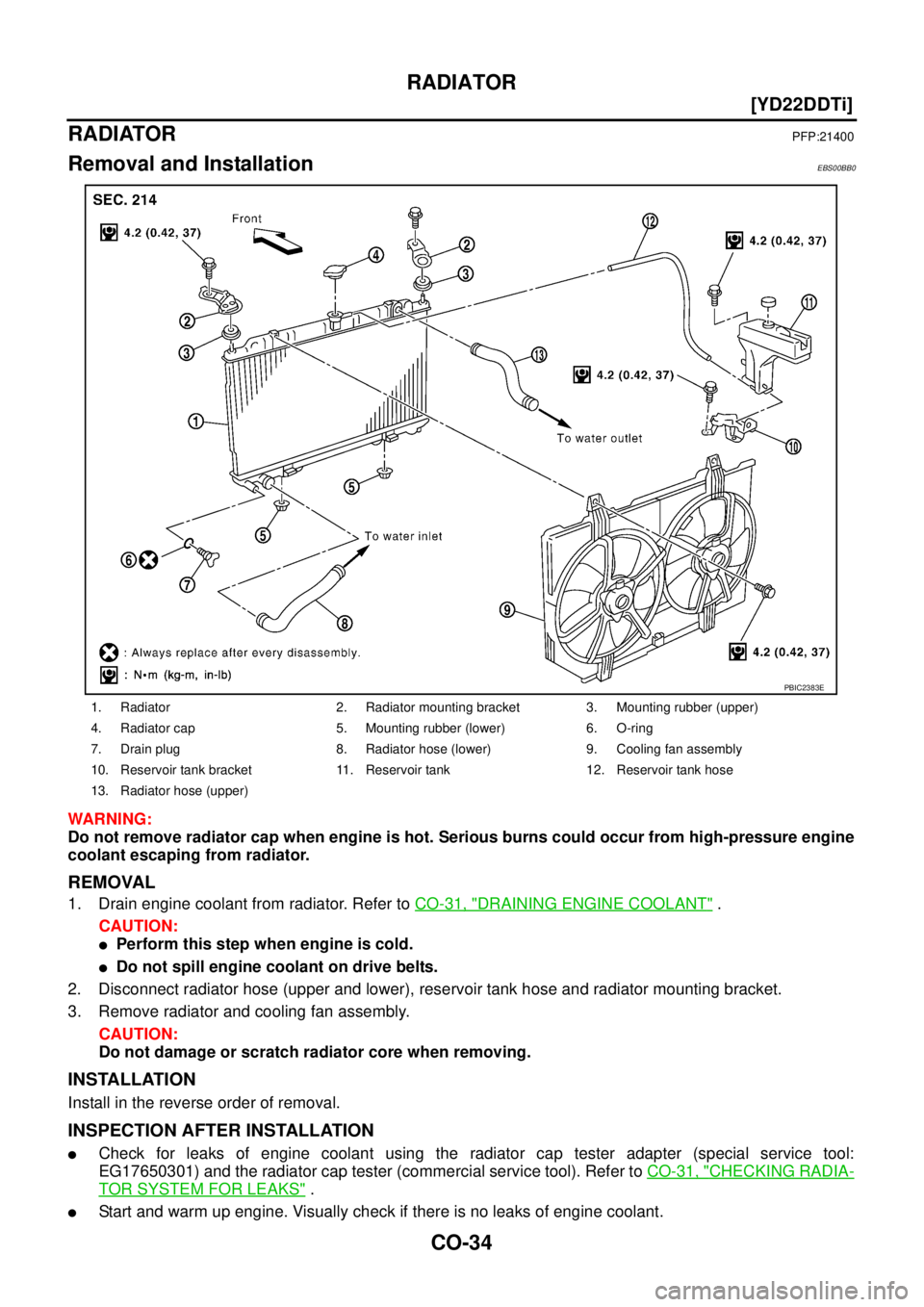 NISSAN X-TRAIL 2003  Service Owners Guide CO-34
[YD22DDTi]
RADIATOR
 
RADIATORPFP:21400
Removal and InstallationEBS00BB0
WARNING:
Do not remove radiator cap when engine is hot. Serious burns could occur from high-pressure engine
coolant escap