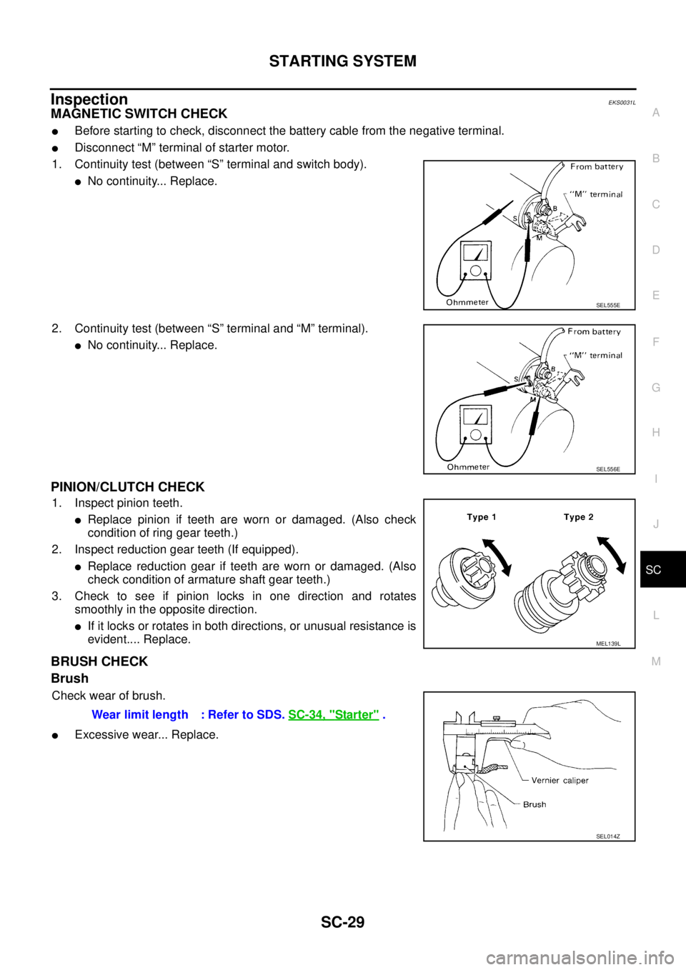 NISSAN X-TRAIL 2003  Service Repair Manual STARTING SYSTEM
SC-29
C
D
E
F
G
H
I
J
L
MA
B
SC
 
InspectionEKS0031L
MAGNETIC SWITCH CHECK
Before starting to check, disconnect the battery cable from the negative terminal.
Disconnect “M” termi