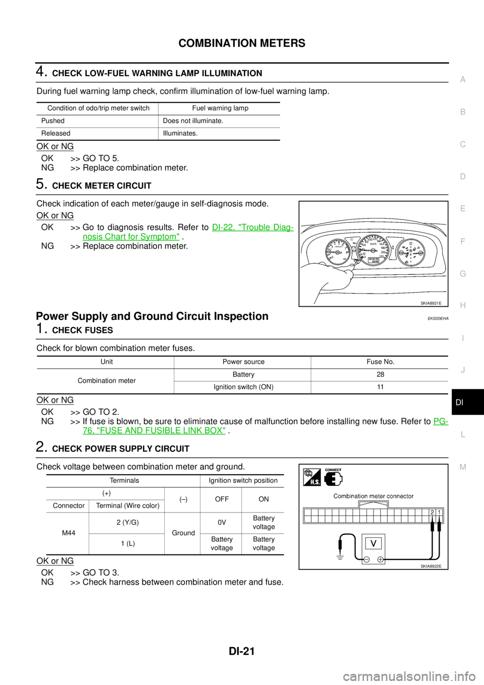 NISSAN X-TRAIL 2003 Service Repair Manual COMBINATION METERS
DI-21
C
D
E
F
G
H
I
J
L
MA
B
DI
4. CHECK LOW-FUEL WARNING LAMP ILLUMINATION
During fuel warning lamp check, confirm illumination of low-fuel warning lamp.
OK or NG
OK >> GO TO 5.
NISSAN X-TRAIL 2003 Service Repair Manual COMBINATION METERS
DI-21
C
D
E
F
G
H
I
J
L
MA
B
DI
4. CHECK LOW-FUEL WARNING LAMP ILLUMINATION
During fuel warning lamp check, confirm illumination of low-fuel warning lamp.
OK or NG
OK >> GO TO 5.