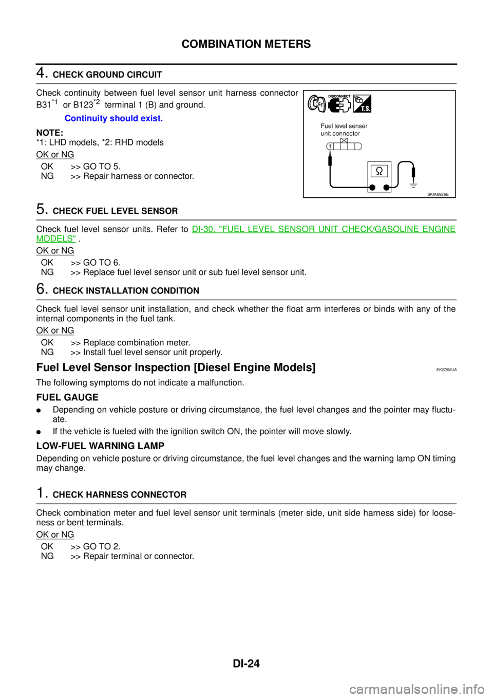 NISSAN X-TRAIL 2003  Service Repair Manual DI-24
COMBINATION METERS
 
4. CHECK GROUND CIRCUIT
Check continuity between fuel level sensor unit harness connector
B31
*1  or B123*2  terminal 1 (B) and ground.
NOTE:
*1: LHD models, *2: RHD models
