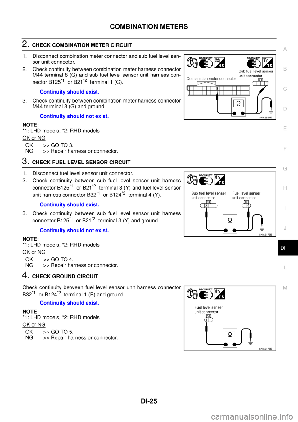NISSAN X-TRAIL 2003  Service Repair Manual COMBINATION METERS
DI-25
C
D
E
F
G
H
I
J
L
MA
B
DI
 
2. CHECK COMBINATION METER CIRCUIT
1. Disconnect combination meter connector and sub fuel level sen-
sor unit connector.
2. Check continuity betwee