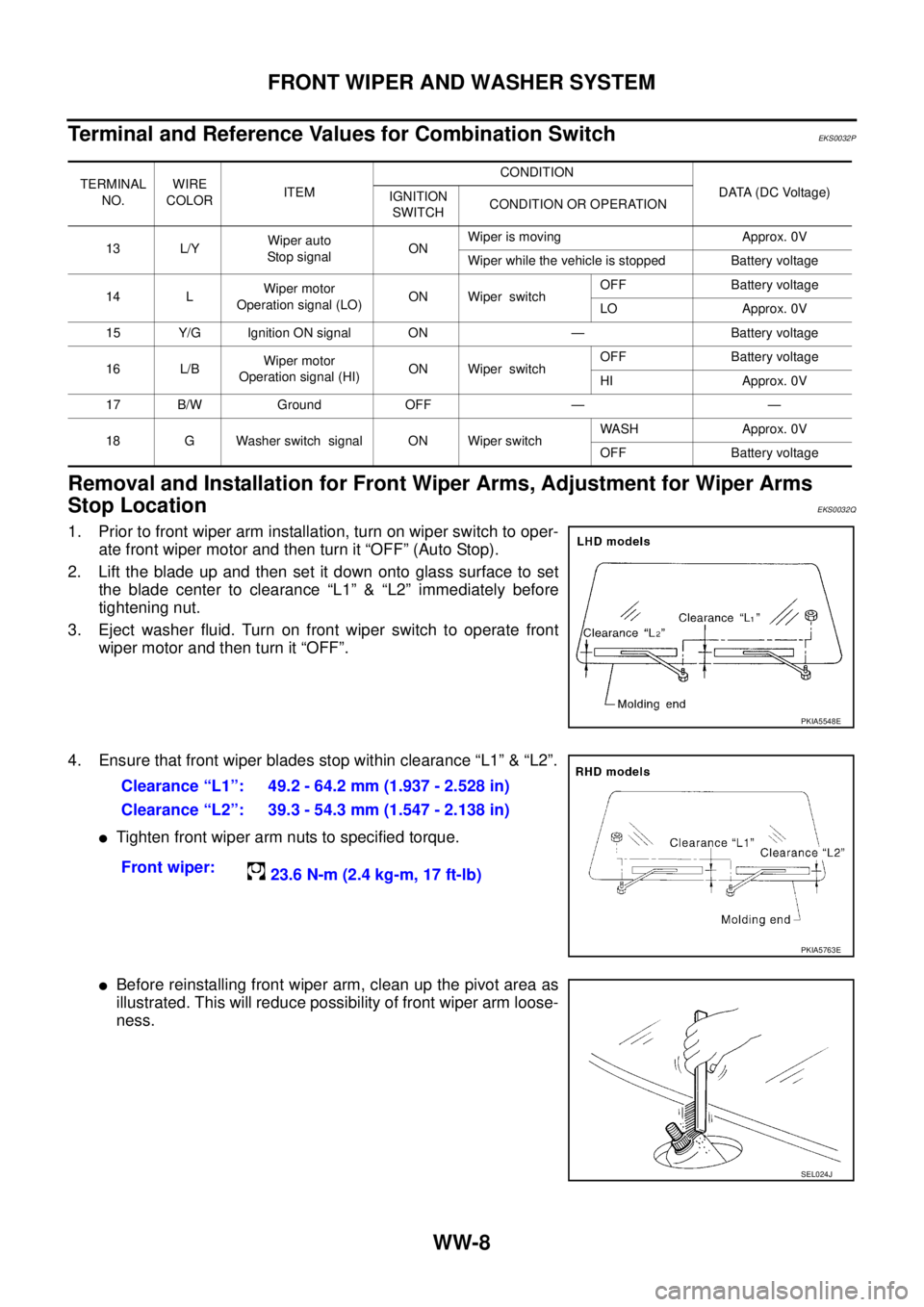 NISSAN X-TRAIL 2003  Service Repair Manual WW-8
FRONT WIPER AND WASHER SYSTEM
 
Terminal and Reference Values for Combination SwitchEKS0032P
Removal and Installation for Front Wiper Arms, Adjustment for Wiper Arms 
Stop Location 
EKS0032Q
1. P