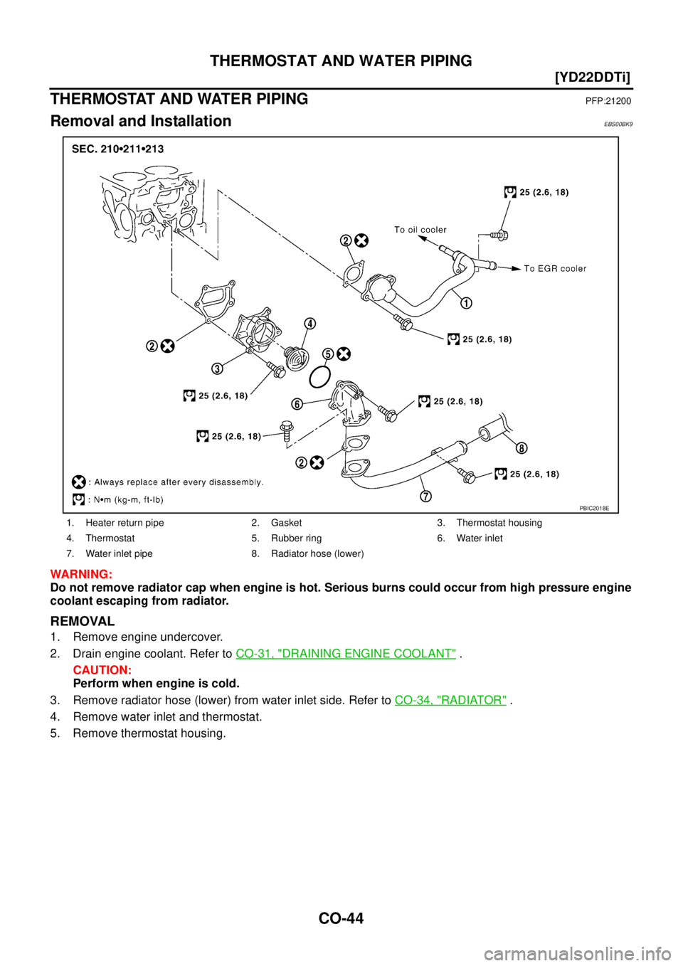 NISSAN X-TRAIL 2003  Service Repair Manual CO-44
[YD22DDTi]
THERMOSTAT AND WATER PIPING
 
THERMOSTAT AND WATER PIPINGPFP:21200
Removal and InstallationEBS00BK9
WARNING:
Do not remove radiator cap when engine is hot. Serious burns could occur f