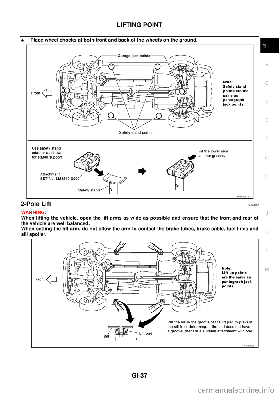 NISSAN X-TRAIL 2003  Service Owners Guide LIFTING POINT
GI-37
C
D
E
F
G
H
I
J
K
L
MB
GI
 
Place wheel chocks at both front and back of the wheels on the ground.
2-Pole Lift EAS000FJ
WARNING:
When lifting the vehicle, open the lift arms as wi