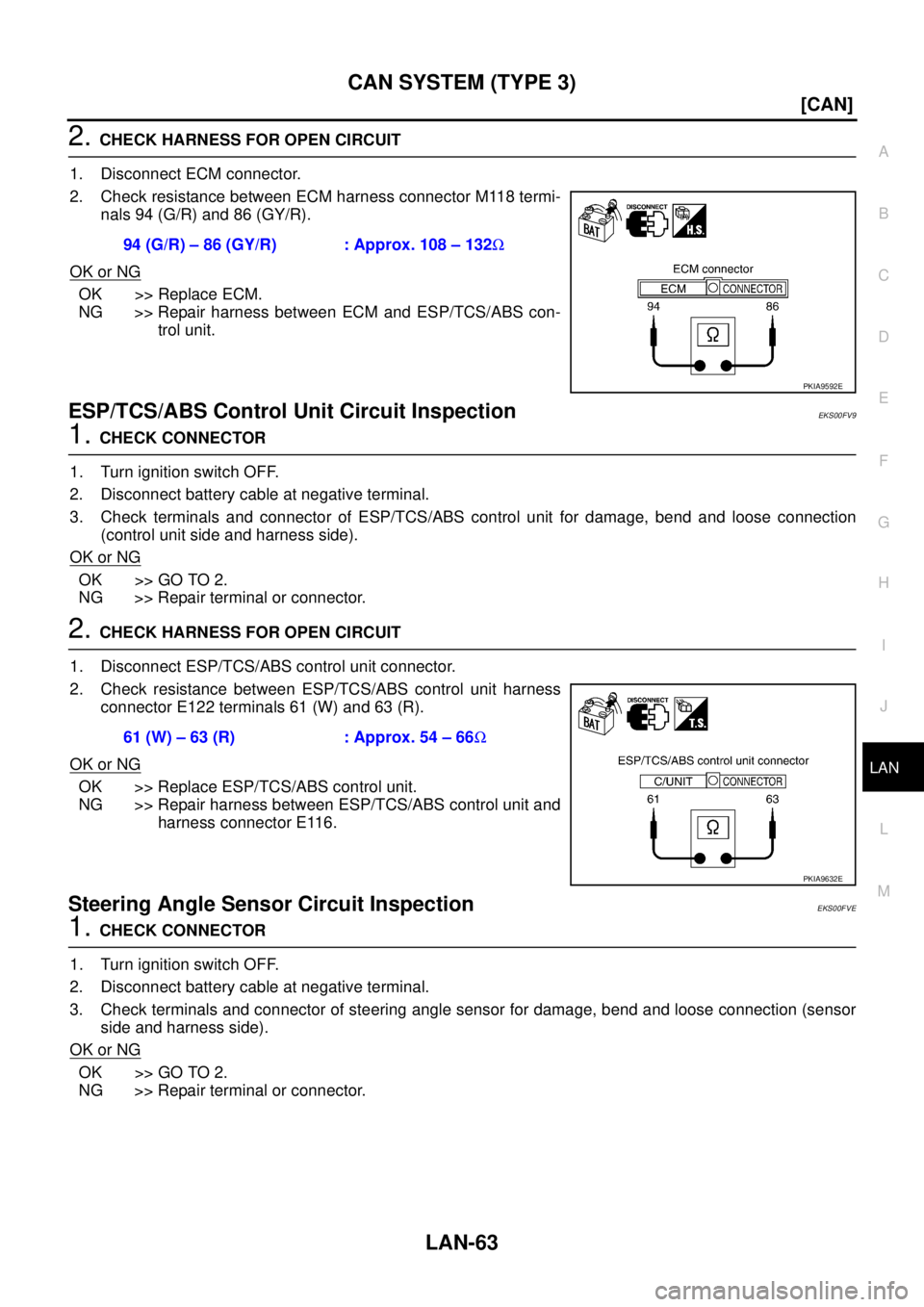 NISSAN X-TRAIL 2003  Service Repair Manual CAN SYSTEM (TYPE 3)
LAN-63
[CAN]
C
D
E
F
G
H
I
J
L
MA
B
LAN
 
2. CHECK HARNESS FOR OPEN CIRCUIT
1. Disconnect ECM connector.
2. Check resistance between ECM harness connector M118 termi-
nals 94 (G/R)