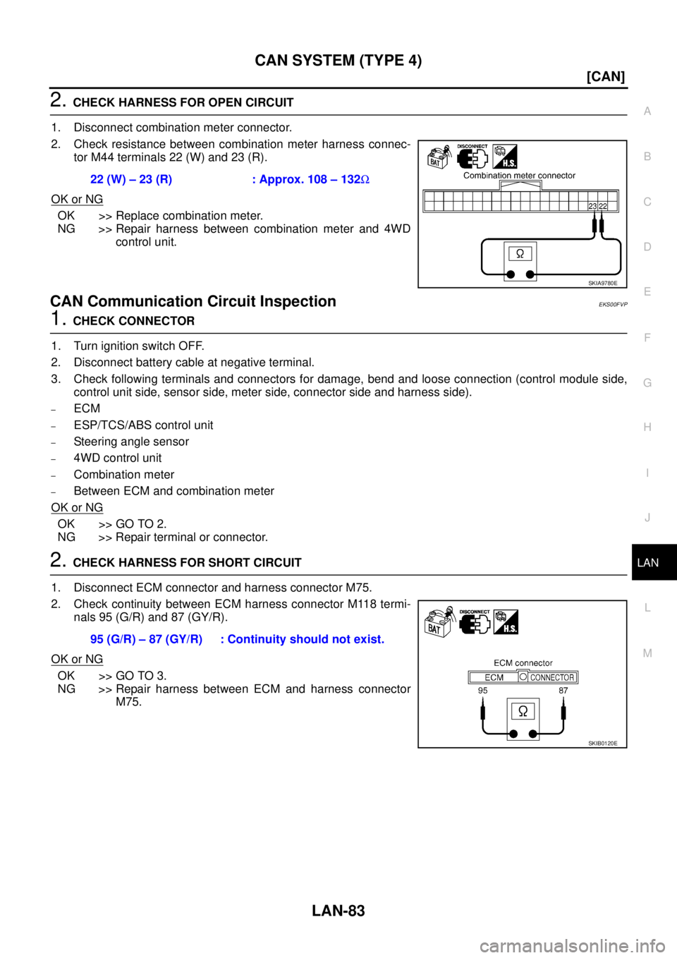 NISSAN X-TRAIL 2003  Service Repair Manual CAN SYSTEM (TYPE 4)
LAN-83
[CAN]
C
D
E
F
G
H
I
J
L
MA
B
LAN
 
2. CHECK HARNESS FOR OPEN CIRCUIT
1. Disconnect combination meter connector.
2. Check resistance between combination meter harness connec-