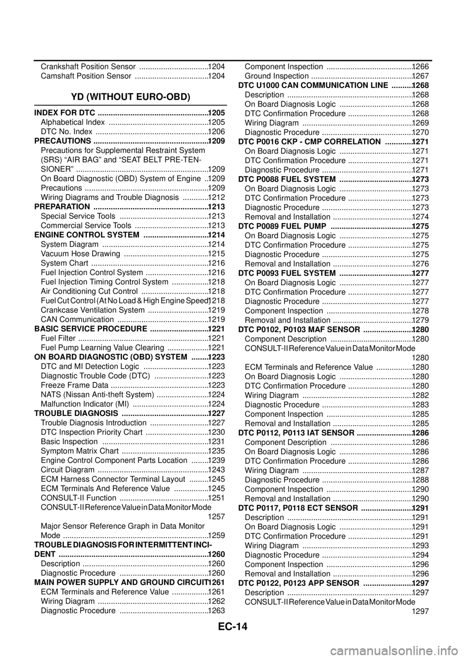 NISSAN X-TRAIL 2003  Service Owners Guide EC-14 Crankshaft Position Sensor  .................................1204
Camshaft Position Sensor  ...................................1204
YD (WITHOUT EURO-OBD)
INDEX FOR DTC  .........................