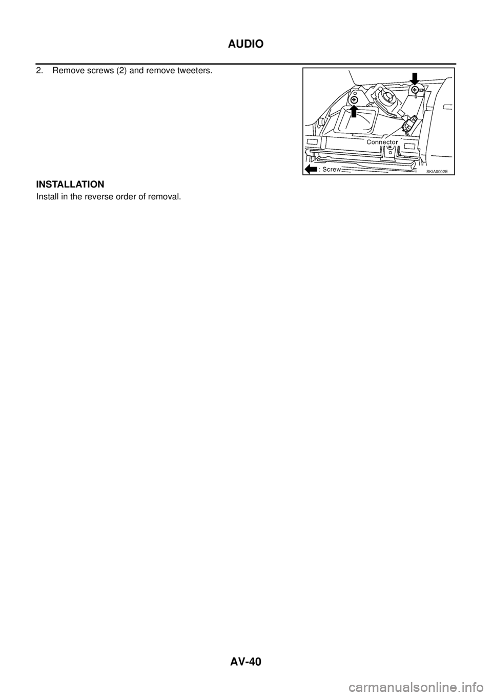NISSAN X-TRAIL 2003  Service Repair Manual AV-40
AUDIO
 
2. Remove screws (2) and remove tweeters.
INSTALLATION
Install in the reverse order of removal.
SKIA0002E 