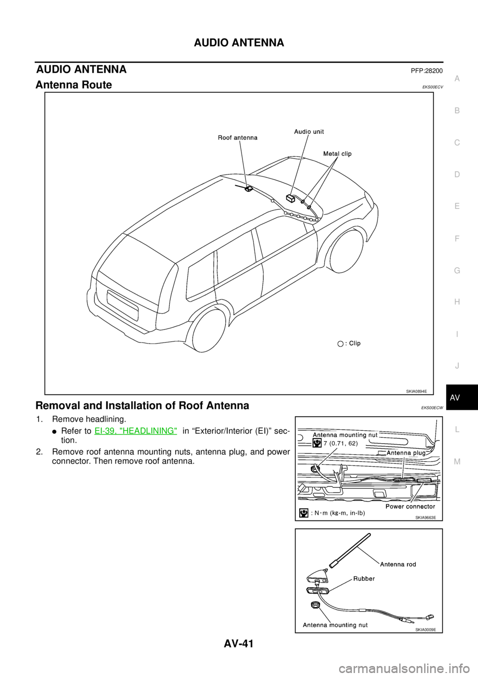 NISSAN X-TRAIL 2003  Service Repair Manual AUDIO ANTENNA
AV-41
C
D
E
F
G
H
I
J
L
MA
B
AV
 
AUDIO ANTENNAPFP:28200
Antenna RouteEKS00ECV
Removal and Installation of Roof AntennaEKS00ECW
1. Remove headlining.
Refer to EI-39, "HEADLINING"  in 