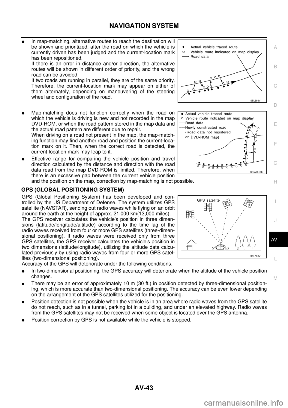 NISSAN X-TRAIL 2003  Service User Guide NAVIGATION SYSTEM
AV-43
C
D
E
F
G
H
I
J
L
MA
B
AV
 
In map-matching, alternative routes to reach the destination will
be shown and prioritized, after the road on which the vehicle is
currently driven