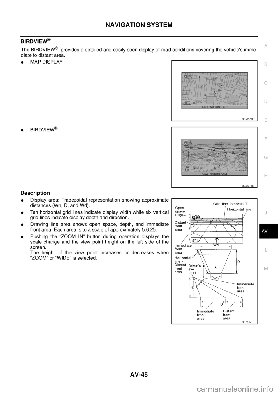 NISSAN X-TRAIL 2003  Service Repair Manual NAVIGATION SYSTEM
AV-45
C
D
E
F
G
H
I
J
L
MA
B
AV
 
BIRDVIEW®
The BIRDVIEW®  provides a detailed and easily seen display of road conditions covering the vehicles imme-
diate to distant area.
MAP D