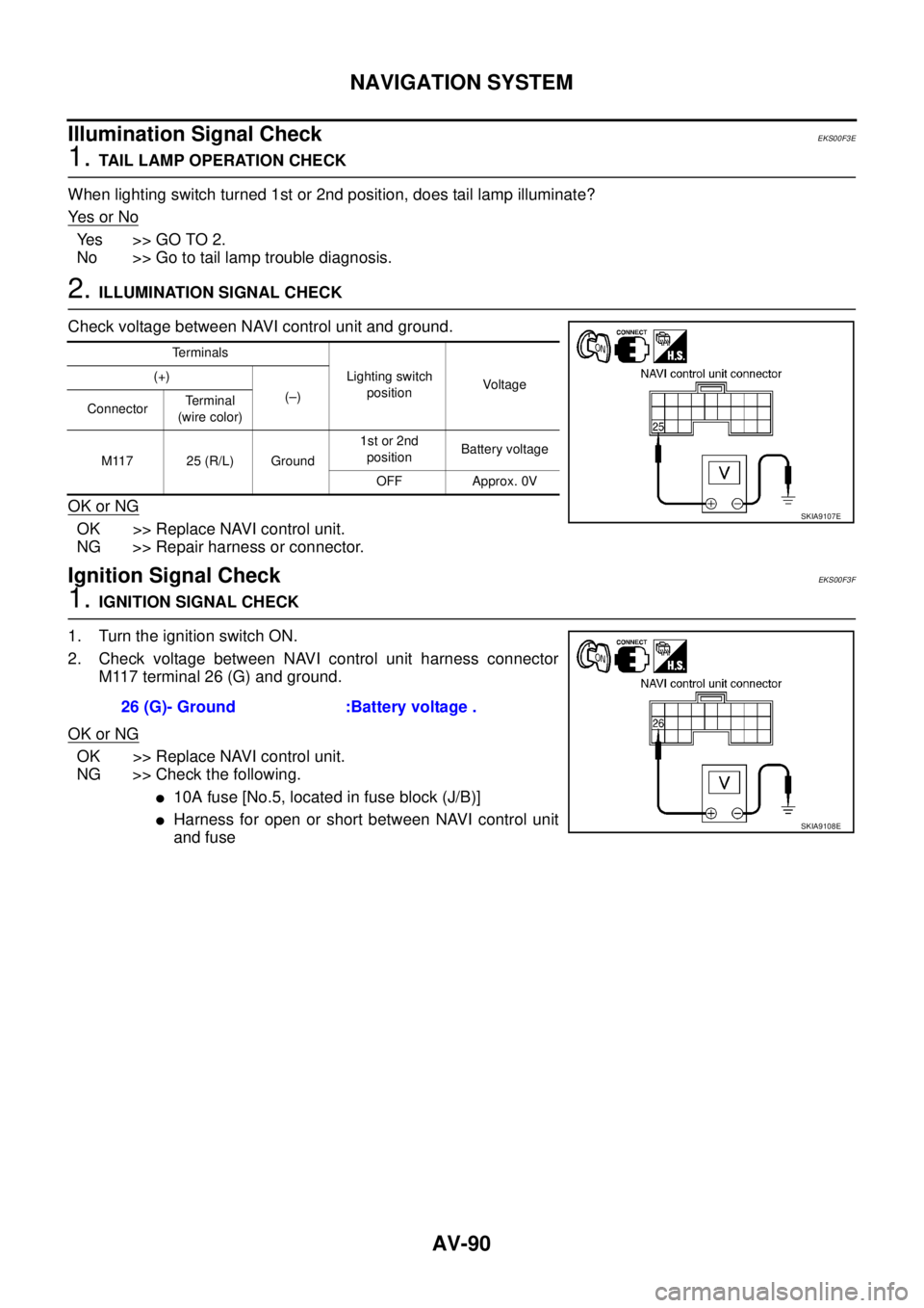 NISSAN X-TRAIL 2003  Service Repair Manual AV-90
NAVIGATION SYSTEM
 
Illumination Signal CheckEKS00F3E
1. TAIL LAMP OPERATION CHECK
When lighting switch turned 1st or 2nd position, does tail lamp illuminate?
Ye s  o r  N o
Yes >> GO TO 2.
No >