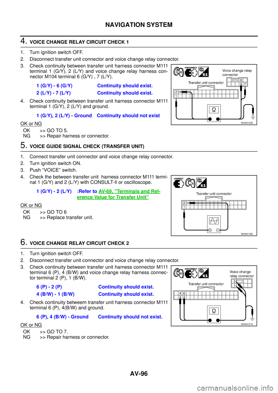 NISSAN X-TRAIL 2003  Service Repair Manual AV-96
NAVIGATION SYSTEM
 
4. VOICE CHANGE RELAY CIRCUIT CHECK 1
1. Turn ignition switch OFF.
2. Disconnect transfer unit connector and voice change relay connector.
3. Check continuity between transfe