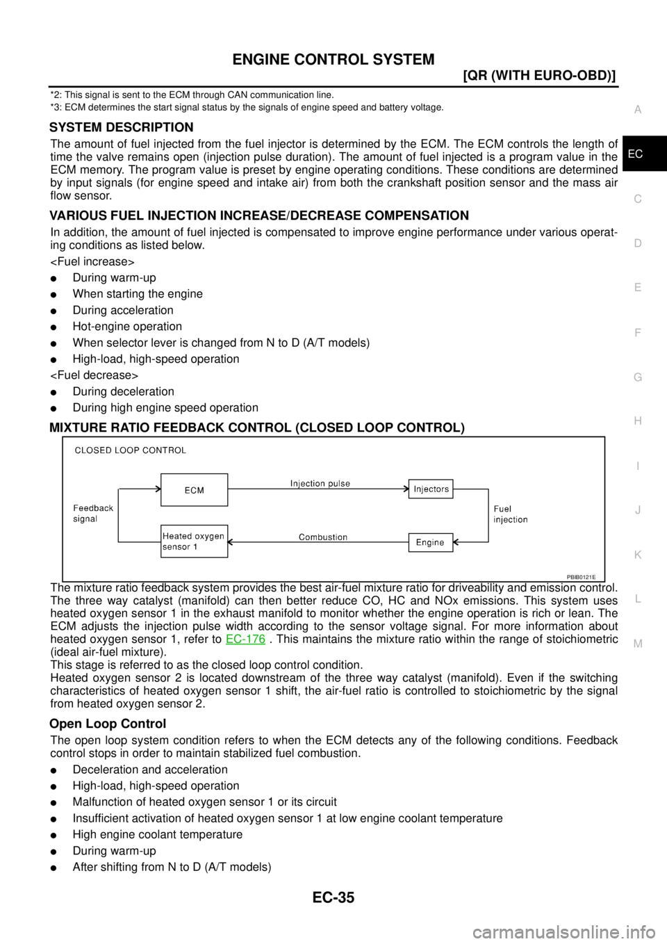 NISSAN X-TRAIL 2003  Service Owners Manual ENGINE CONTROL SYSTEM
EC-35
[QR (WITH EURO-OBD)]
C
D
E
F
G
H
I
J
K
L
MA
EC
 
*2: This signal is sent to the ECM through CAN communication line.
*3: ECM determines the start signal status by the signal