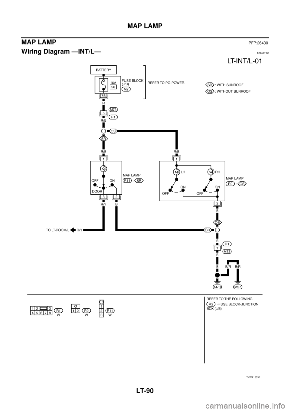 NISSAN X-TRAIL 2003  Service Repair Manual LT-90
MAP LAMP
 
MAP LAMPPFP:26430
Wiring Diagram —INT/L—EKS00F88
TKWA1553E 