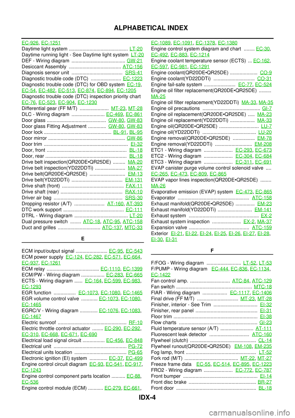 NISSAN X-TRAIL 2003  Service Repair Manual IDX-4
ALPHABETICAL INDEX
EC-926, EC-1251
Daytime light system ........................................... LT-20
Daytime running light - See Daytime light system  LT-20
DEF - Wiring diagram  ..........