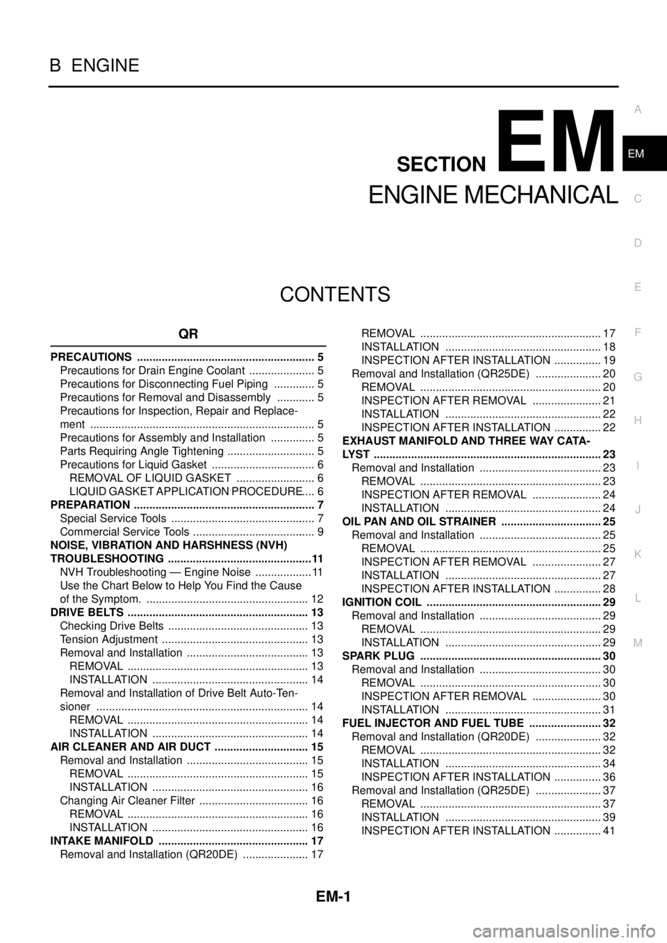 NISSAN X-TRAIL 2003  Service Repair Manual EM-1
ENGINE MECHANICAL
B  ENGINE
CONTENTS
C
D
E
F
G
H
I
J
K
L
M
SECTION EM
A
EM
 
ENGINE MECHANICAL
QR
PRECAUTIONS .......................................................... 5
Precautions for Drain En