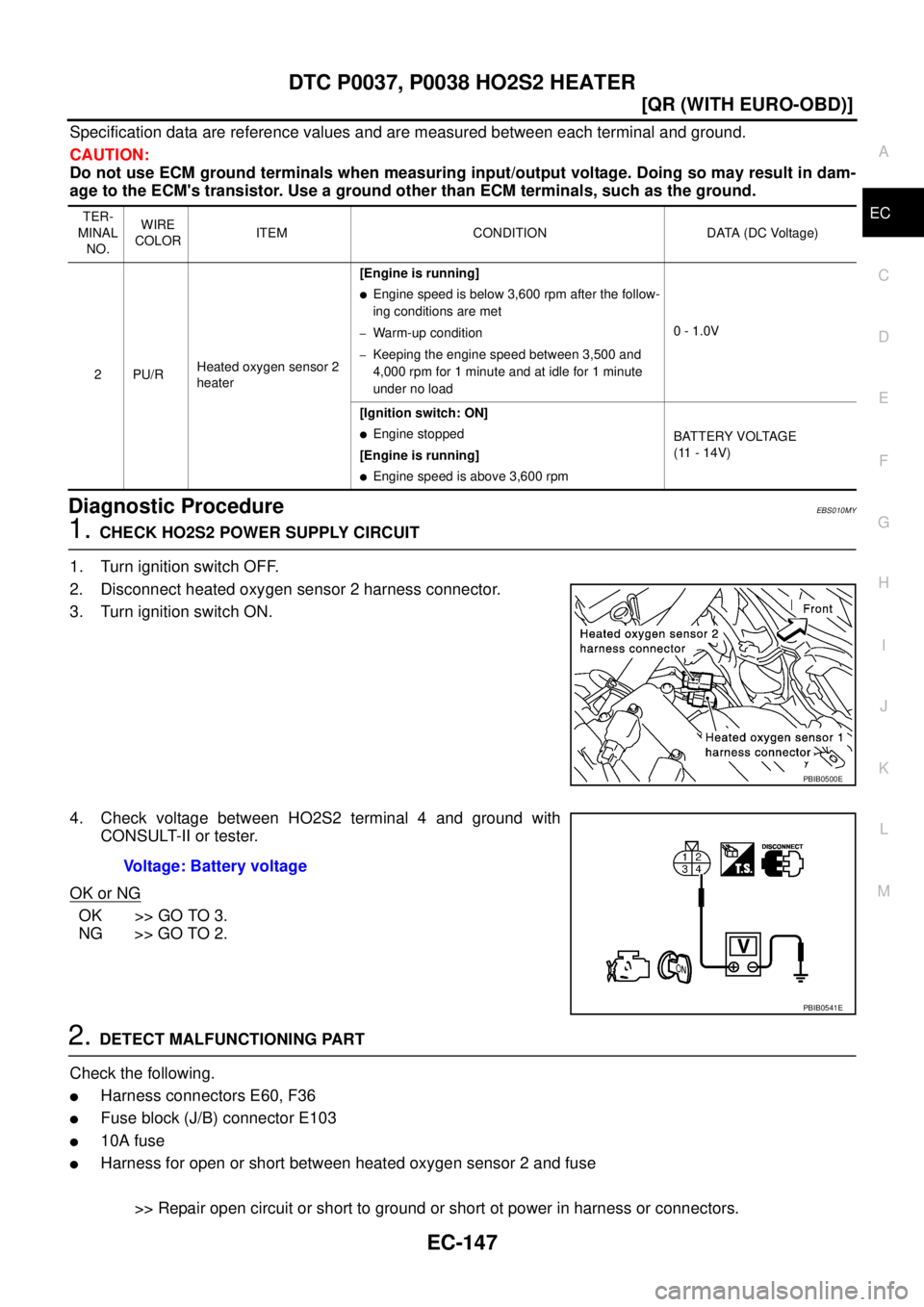 NISSAN X-TRAIL 2003  Service Repair Manual DTC P0037, P0038 HO2S2 HEATER
EC-147
[QR (WITH EURO-OBD)]
C
D
E
F
G
H
I
J
K
L
MA
EC
 
Specification data are reference values and are measured between each terminal and ground.
CAUTION:
Do not use ECM
