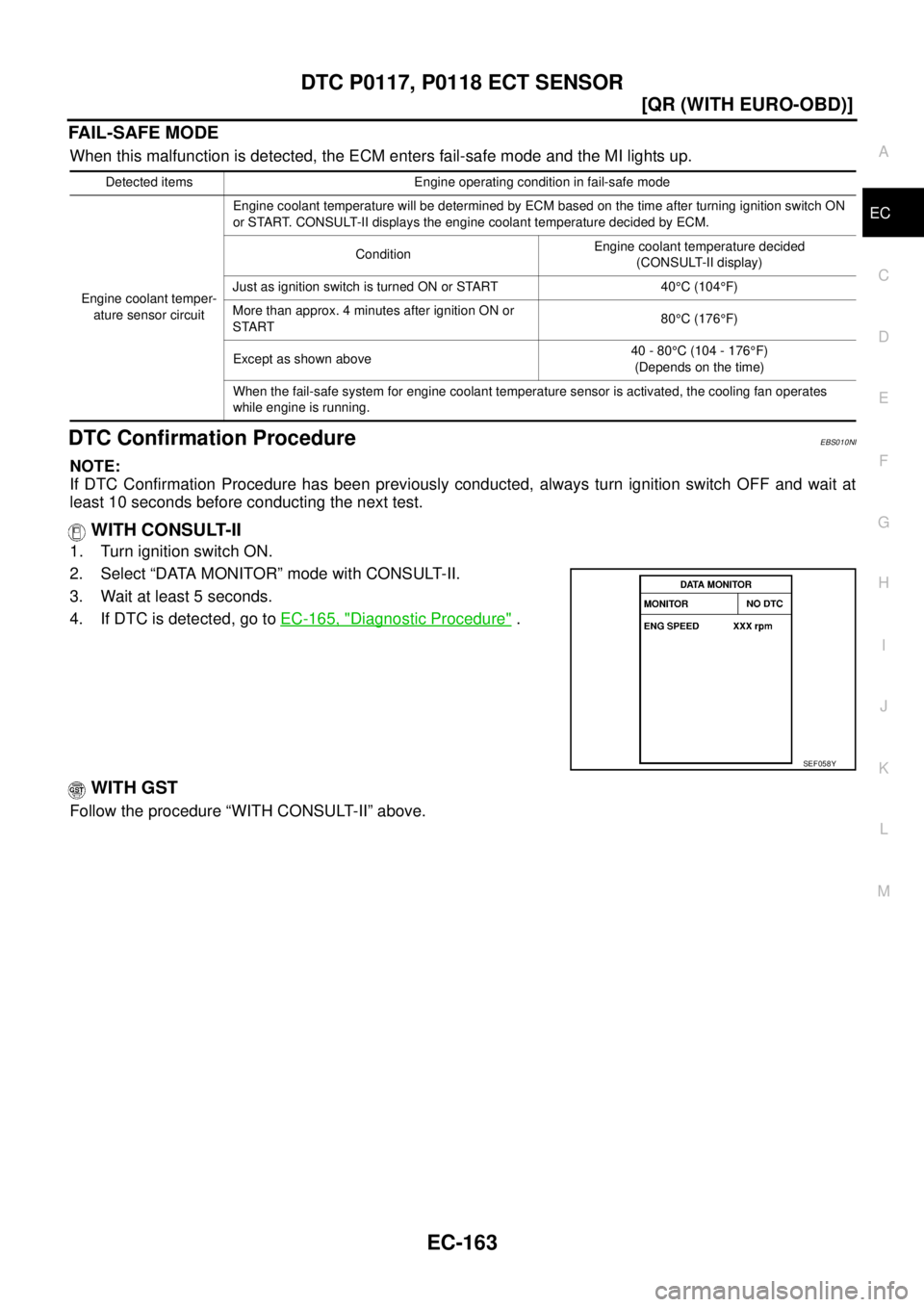 NISSAN X-TRAIL 2003  Service Repair Manual DTC P0117, P0118 ECT SENSOR
EC-163
[QR (WITH EURO-OBD)]
C
D
E
F
G
H
I
J
K
L
MA
EC
 
FAIL-SAFE MODE
When this malfunction is detected, the ECM enters fail-safe mode and the MI lights up.
DTC Confirmati