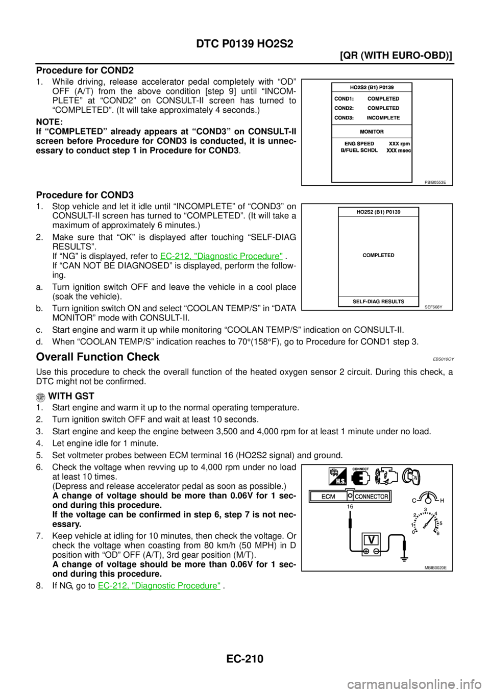 NISSAN X-TRAIL 2003  Service Repair Manual EC-210
[QR (WITH EURO-OBD)]
DTC P0139 HO2S2
 
Procedure for COND2
1. While driving, release accelerator pedal completely with “OD”
OFF (A/T) from the above condition [step 9] until “INCOM-
PLETE