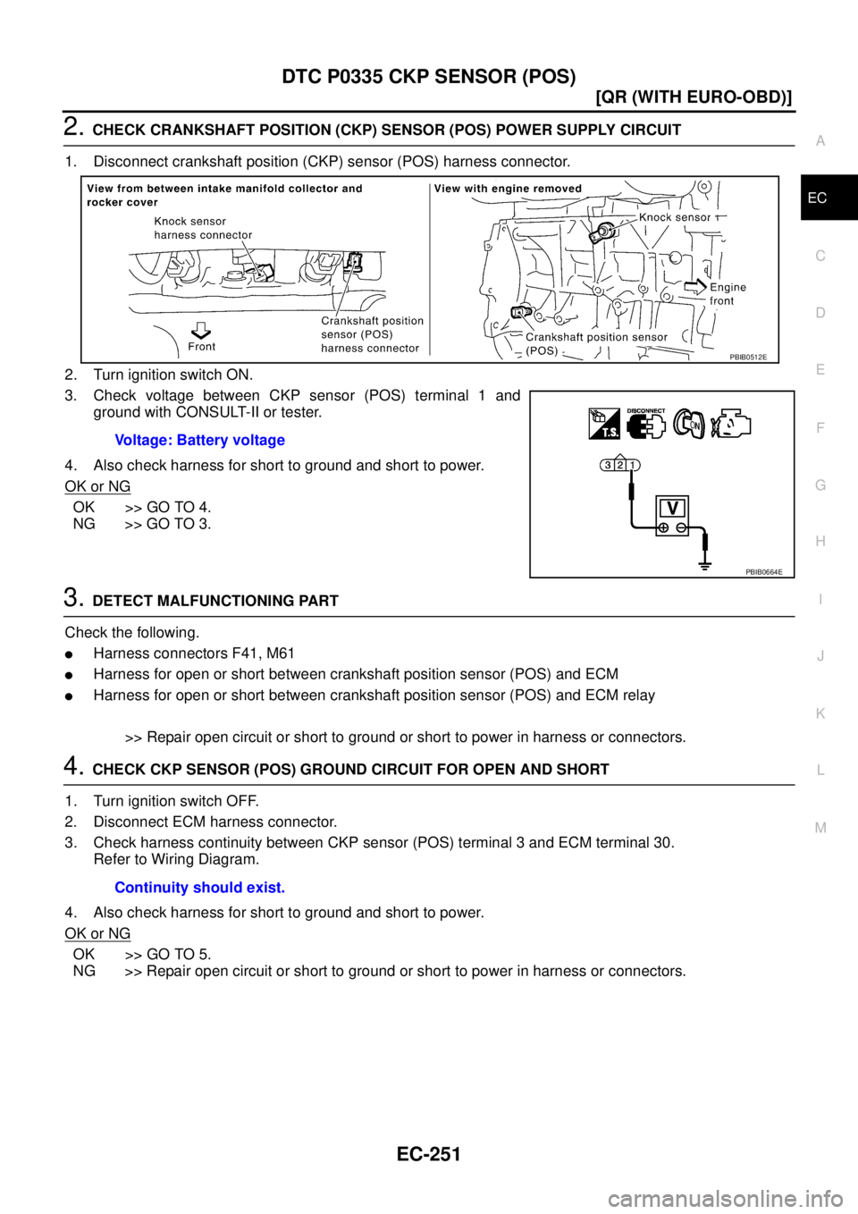 NISSAN X-TRAIL 2003  Service Repair Manual DTC P0335 CKP SENSOR (POS)
EC-251
[QR (WITH EURO-OBD)]
C
D
E
F
G
H
I
J
K
L
MA
EC
 
2. CHECK CRANKSHAFT POSITION (CKP) SENSOR (POS) POWER SUPPLY CIRCUIT
1. Disconnect crankshaft position (CKP) sensor (