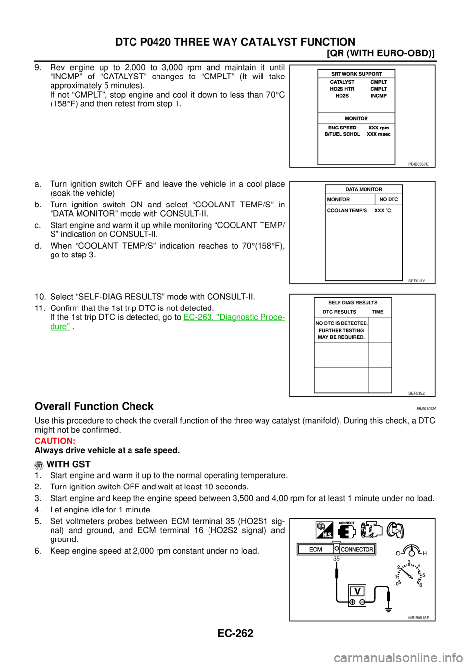 NISSAN X-TRAIL 2003  Service Repair Manual EC-262
[QR (WITH EURO-OBD)]
DTC P0420 THREE WAY CATALYST FUNCTION
 
9. Rev engine up to 2,000 to 3,000 rpm and maintain it until
“INCMP” of “CATALYST” changes to “CMPLT” (It will take
appr