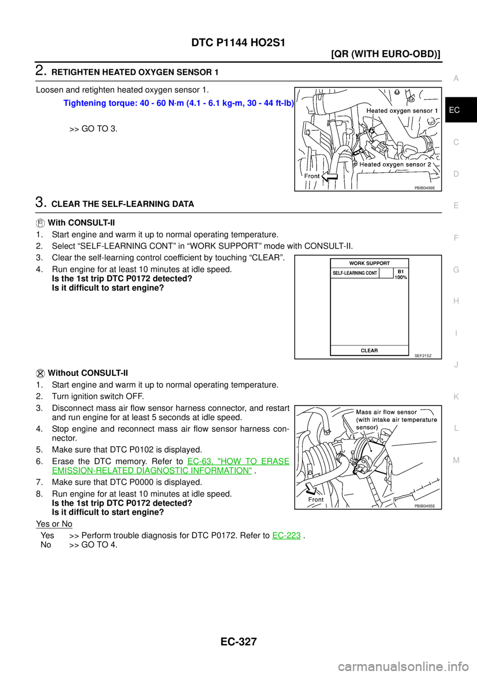 NISSAN X-TRAIL 2003  Service Repair Manual DTC P1144 HO2S1
EC-327
[QR (WITH EURO-OBD)]
C
D
E
F
G
H
I
J
K
L
MA
EC
 
2. RETIGHTEN HEATED OXYGEN SENSOR 1
Loosen and retighten heated oxygen sensor 1.
>> GO TO 3.
3. CLEAR THE SELF-LEARNING DATA
 Wi