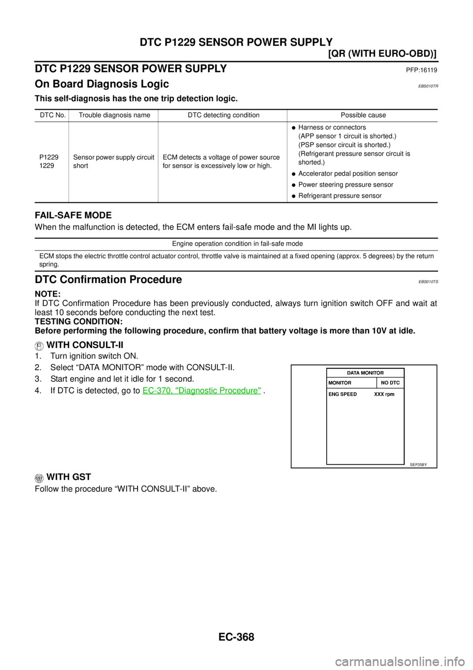 NISSAN X-TRAIL 2003  Service Repair Manual EC-368
[QR (WITH EURO-OBD)]
DTC P1229 SENSOR POWER SUPPLY
 
DTC P1229 SENSOR POWER SUPPLYPFP:16119
On Board Diagnosis LogicEBS010TR
This self-diagnosis has the one trip detection logic.
FAIL-SAFE MODE