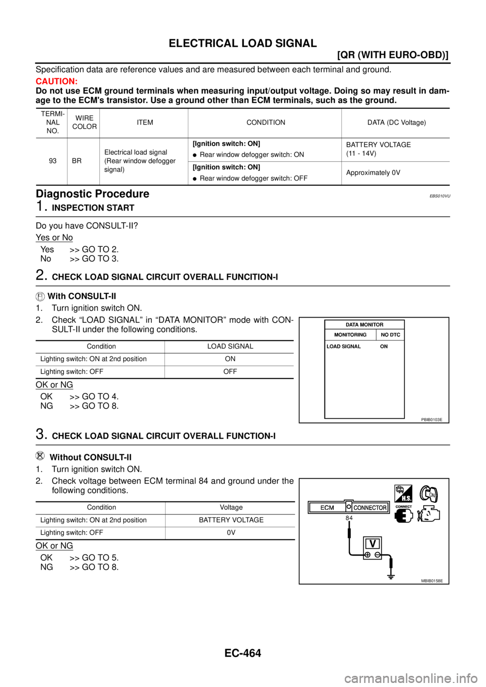 NISSAN X-TRAIL 2003  Service Repair Manual EC-464
[QR (WITH EURO-OBD)]
ELECTRICAL LOAD SIGNAL
 
Specification data are reference values and are measured between each terminal and ground.
CAUTION:
Do not use ECM ground terminals when measuring 