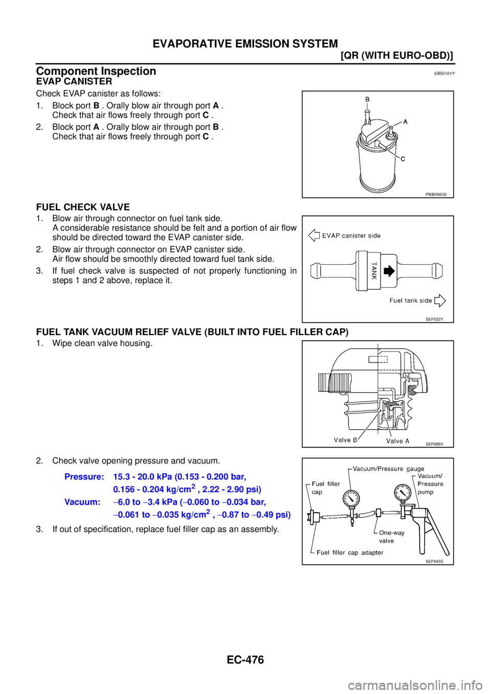 NISSAN X-TRAIL 2003  Service Repair Manual EC-476
[QR (WITH EURO-OBD)]
EVAPORATIVE EMISSION SYSTEM
 
Component InspectionEBS010VY
EVAP CANISTER
Check EVAP canister as follows:
1. Block port B . Orally blow air through port A .
Check that air f