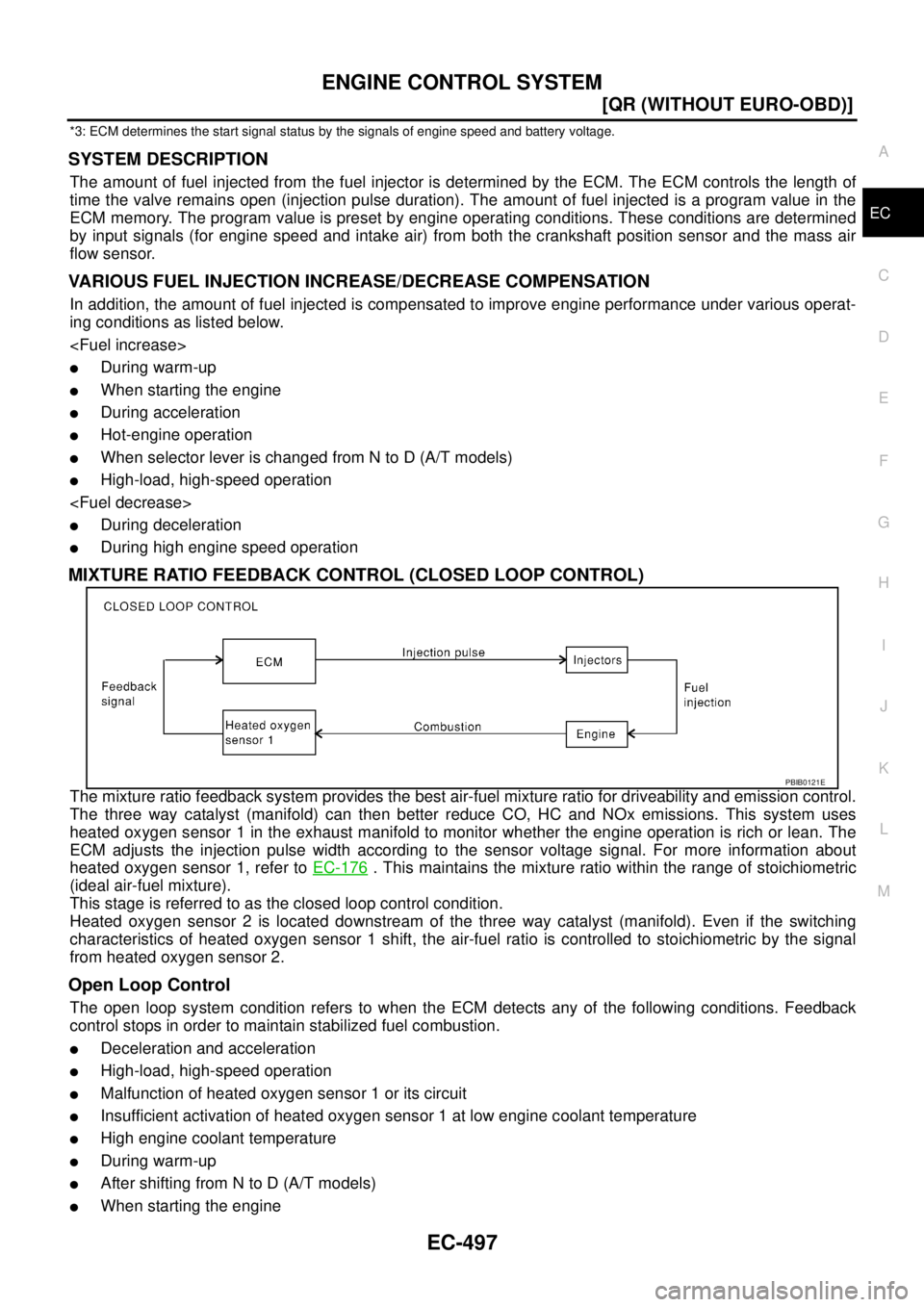 NISSAN X-TRAIL 2003  Service Repair Manual ENGINE CONTROL SYSTEM
EC-497
[QR (WITHOUT EURO-OBD)]
C
D
E
F
G
H
I
J
K
L
MA
EC
 
*3: ECM determines the start signal status by the signals of engine speed and battery voltage.
SYSTEM DESCRIPTION
The a