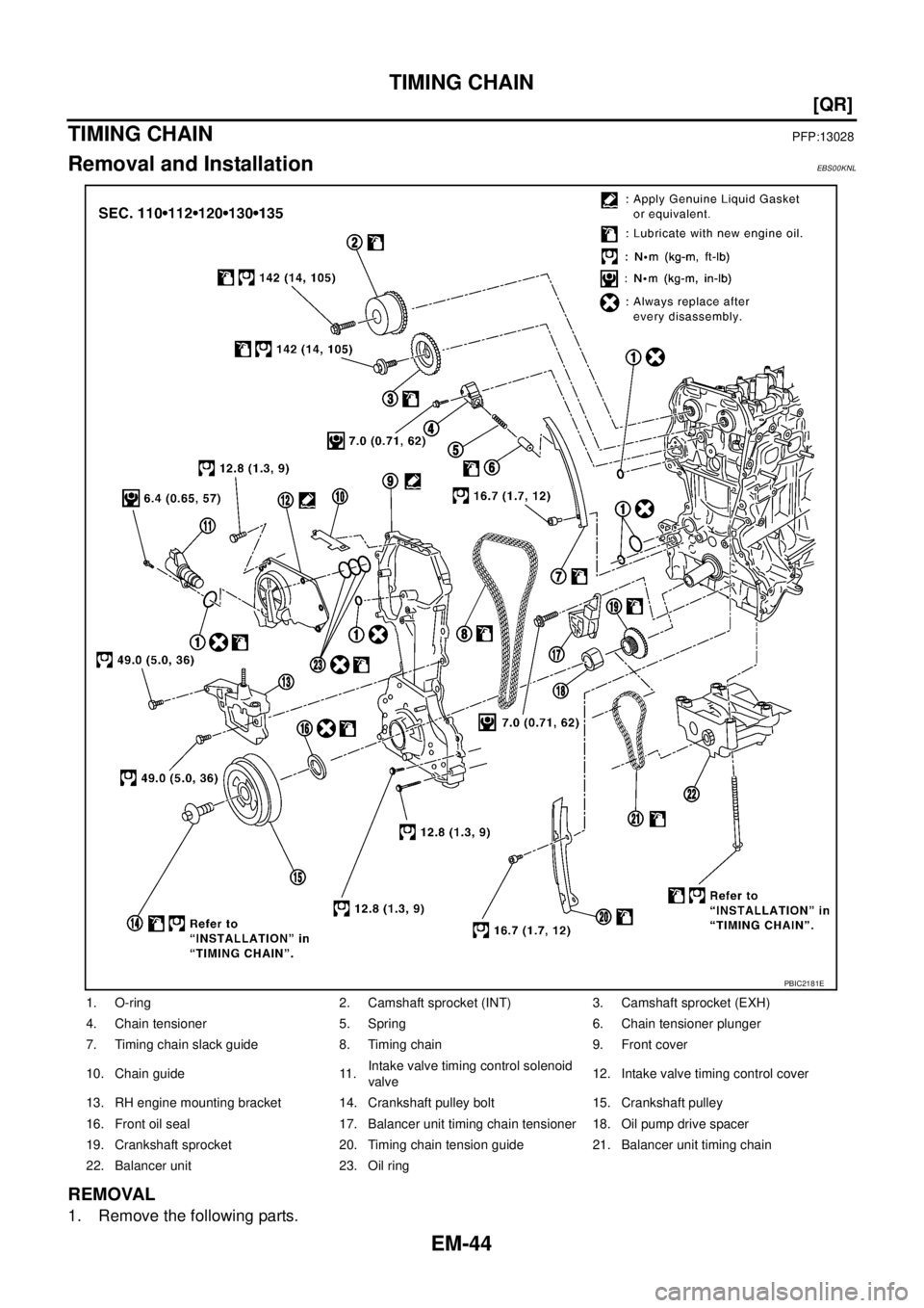 NISSAN X-TRAIL 2003  Service Repair Manual EM-44
[QR]
TIMING CHAIN
 
TIMING CHAINPFP:13028
Removal and InstallationEBS00KNL
REMOVAL
1. Remove the following parts.
1. O-ring 2. Camshaft sprocket (INT) 3. Camshaft sprocket (EXH)
4. Chain tension