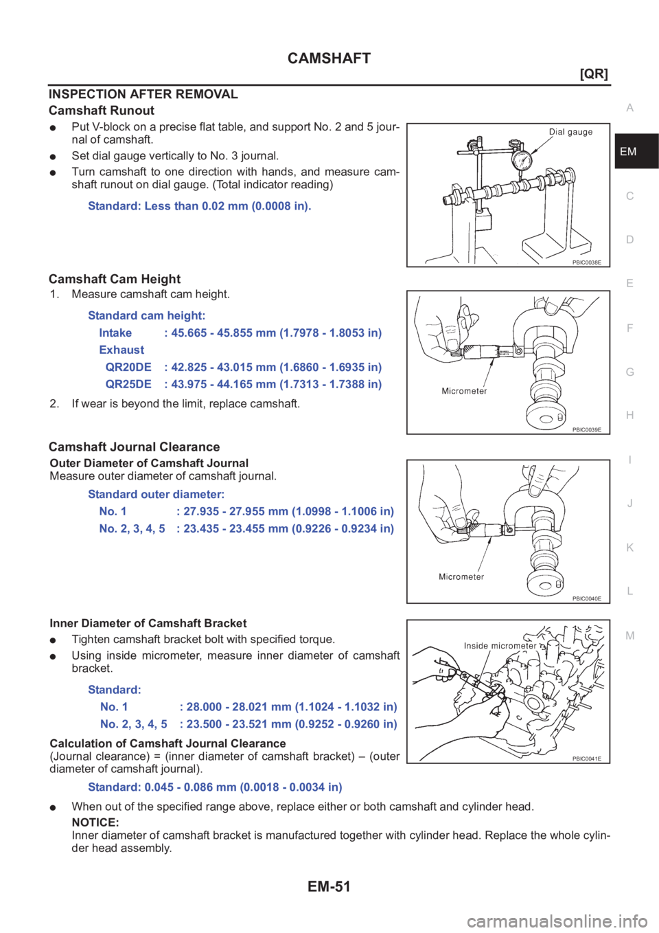 NISSAN X-TRAIL 2001  Service Repair Manual CAMSHAFT
EM-51
[QR]
C
D
E
F
G
H
I
J
K
L
MA
EM
INSPECTION AFTER REMOVAL
Camshaft Runout
●Put V-block on a precise flat table, and support No. 2 and 5 jour-
nal of camshaft.
●Set dial gauge vertical