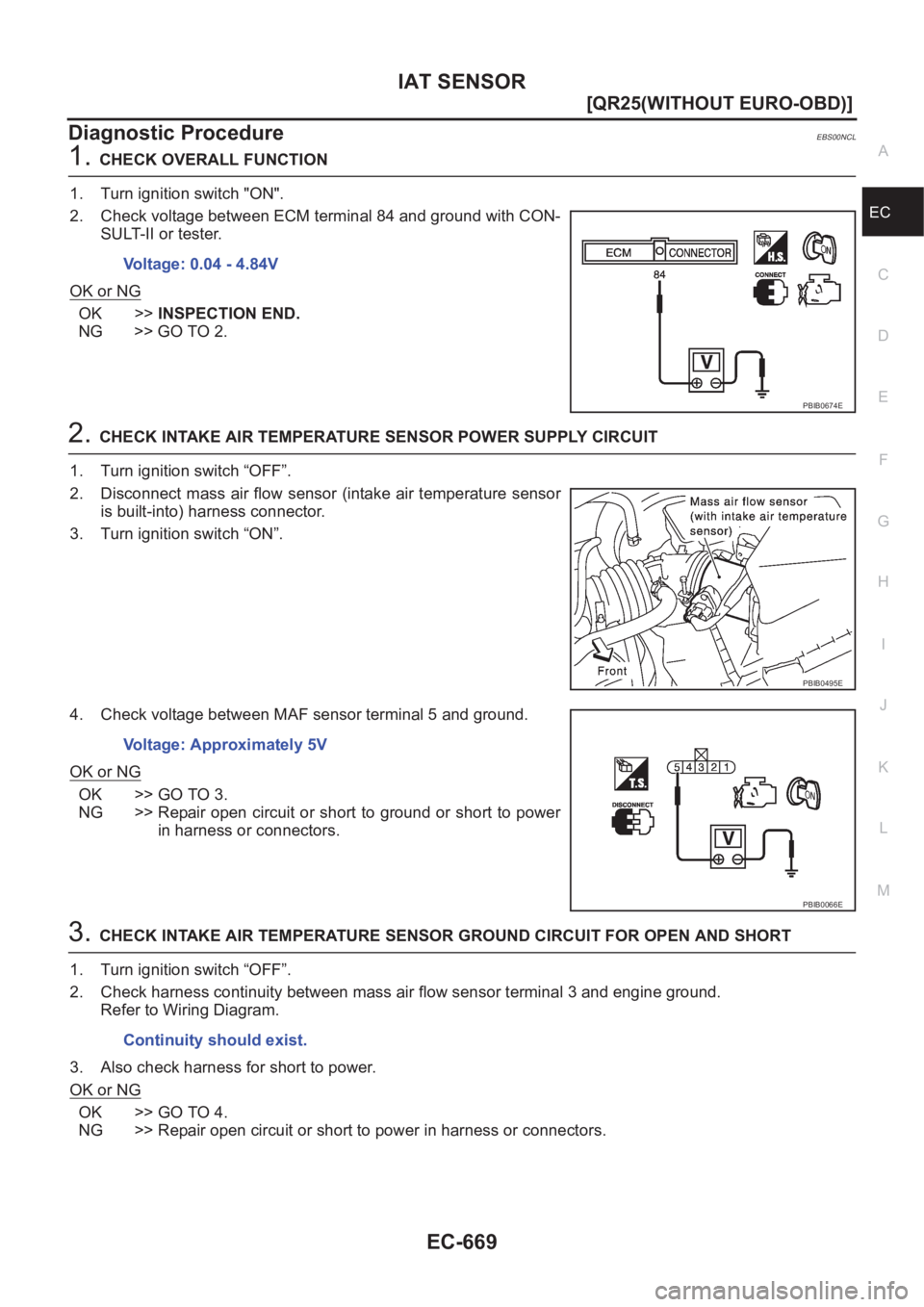 NISSAN X-TRAIL 2001  Service Repair Manual IAT SENSOR
EC-669
[QR25(WITHOUT EURO-OBD)]
C
D
E
F
G
H
I
J
K
L
MA
EC
Diagnostic ProcedureEBS00NCL
1.CHECK OVERALL FUNCTION
1. Turn ignition switch "ON".
2. Check voltage between ECM terminal 8