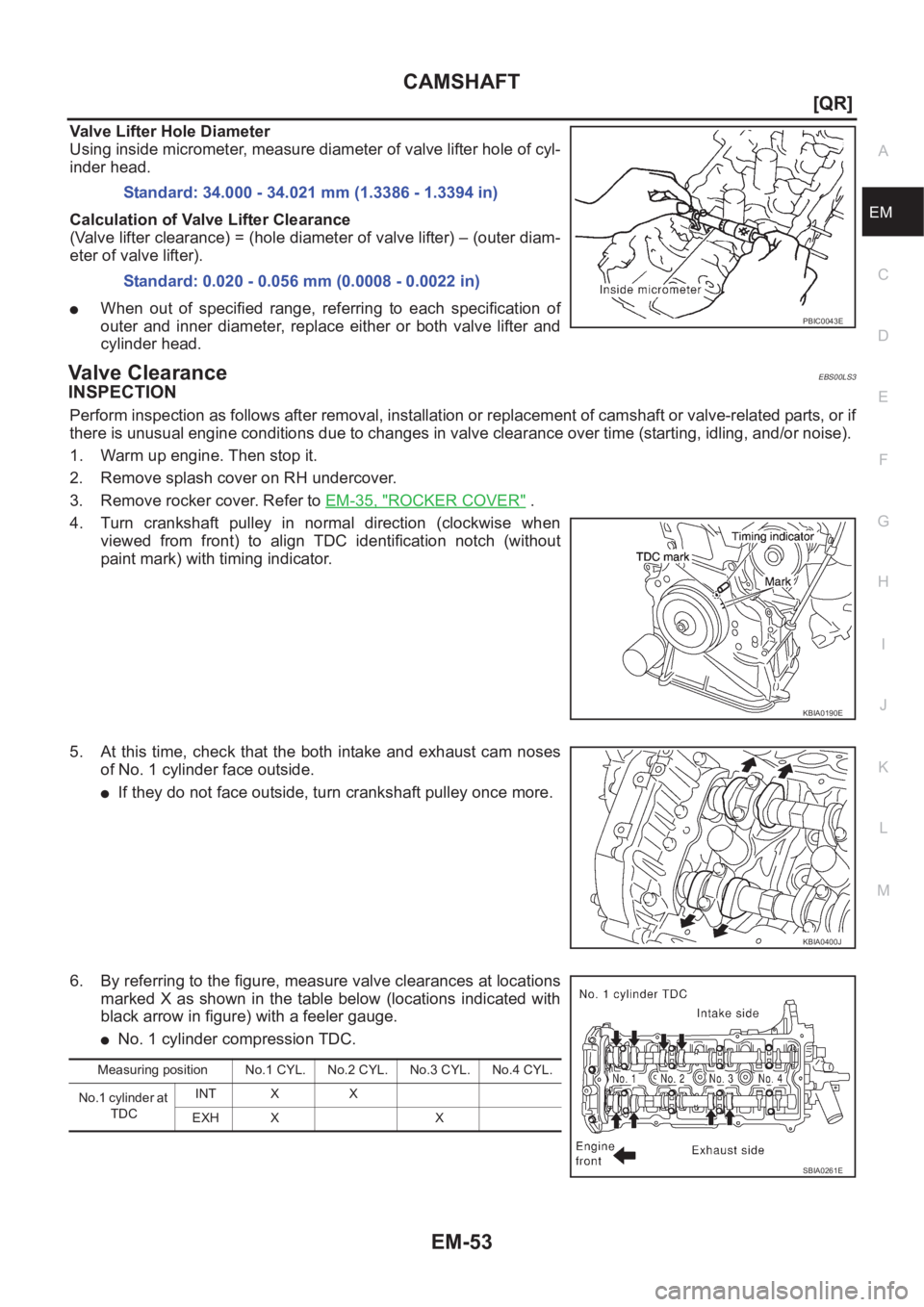 NISSAN X-TRAIL 2001  Service Repair Manual CAMSHAFT
EM-53
[QR]
C
D
E
F
G
H
I
J
K
L
MA
EM
Valve Lifter Hole Diameter
Using inside micrometer, measure diameter of valve lifter hole of cyl-
inder head.
Calculation of Valve Lifter Clearance
(Valve