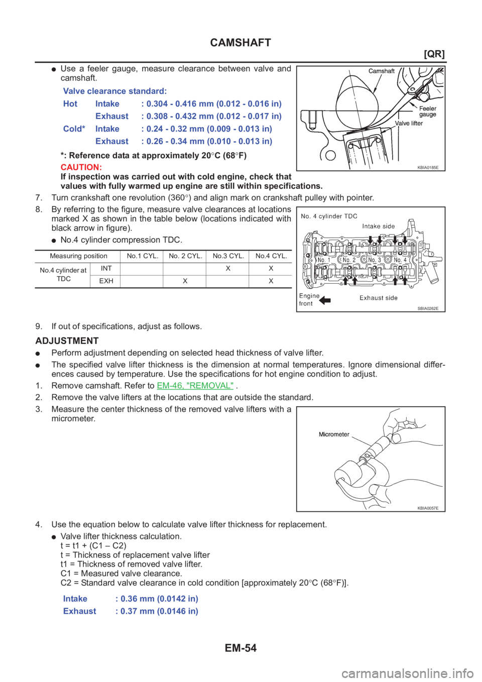 NISSAN X-TRAIL 2001  Service Repair Manual EM-54
[QR]
CAMSHAFT
●Use  a  feeler  gauge,  measure  clearance  between  valve  and
camshaft. 
*: Reference data at approximately 20°C (68°F)
CAUTION:
If inspection was carried out with cold engi
