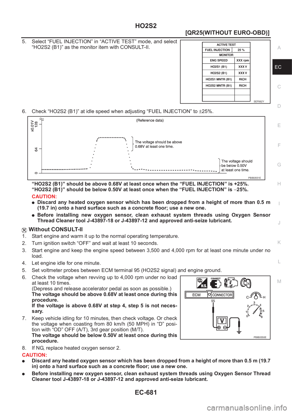 NISSAN X-TRAIL 2001  Service Repair Manual HO2S2
EC-681
[QR25(WITHOUT EURO-OBD)]
C
D
E
F
G
H
I
J
K
L
MA
EC
5. Select “FUEL INJECTION” in “ACTIVE TEST” mode, and select
“HO2S2 (B1)” as the monitor item with CONSULT-II.
6. Check “H