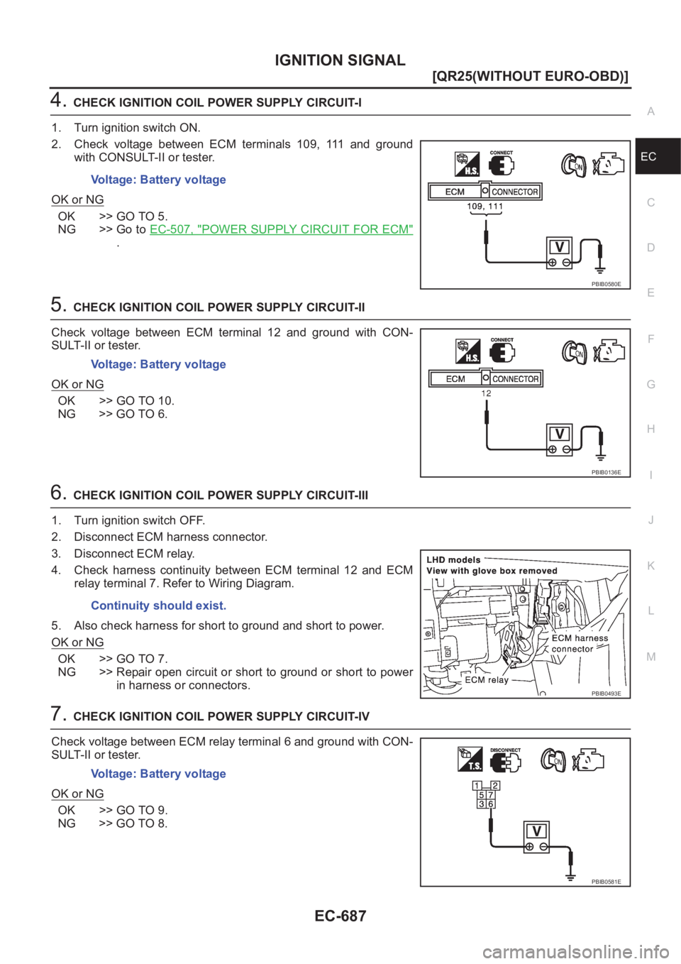 NISSAN X-TRAIL 2001  Service Repair Manual IGNITION SIGNAL
EC-687
[QR25(WITHOUT EURO-OBD)]
C
D
E
F
G
H
I
J
K
L
MA
EC
4.CHECK IGNITION COIL POWER SUPPLY CIRCUIT-I
1. Turn ignition switch ON.
2. Check  voltage  between  ECM  terminals  109,  111