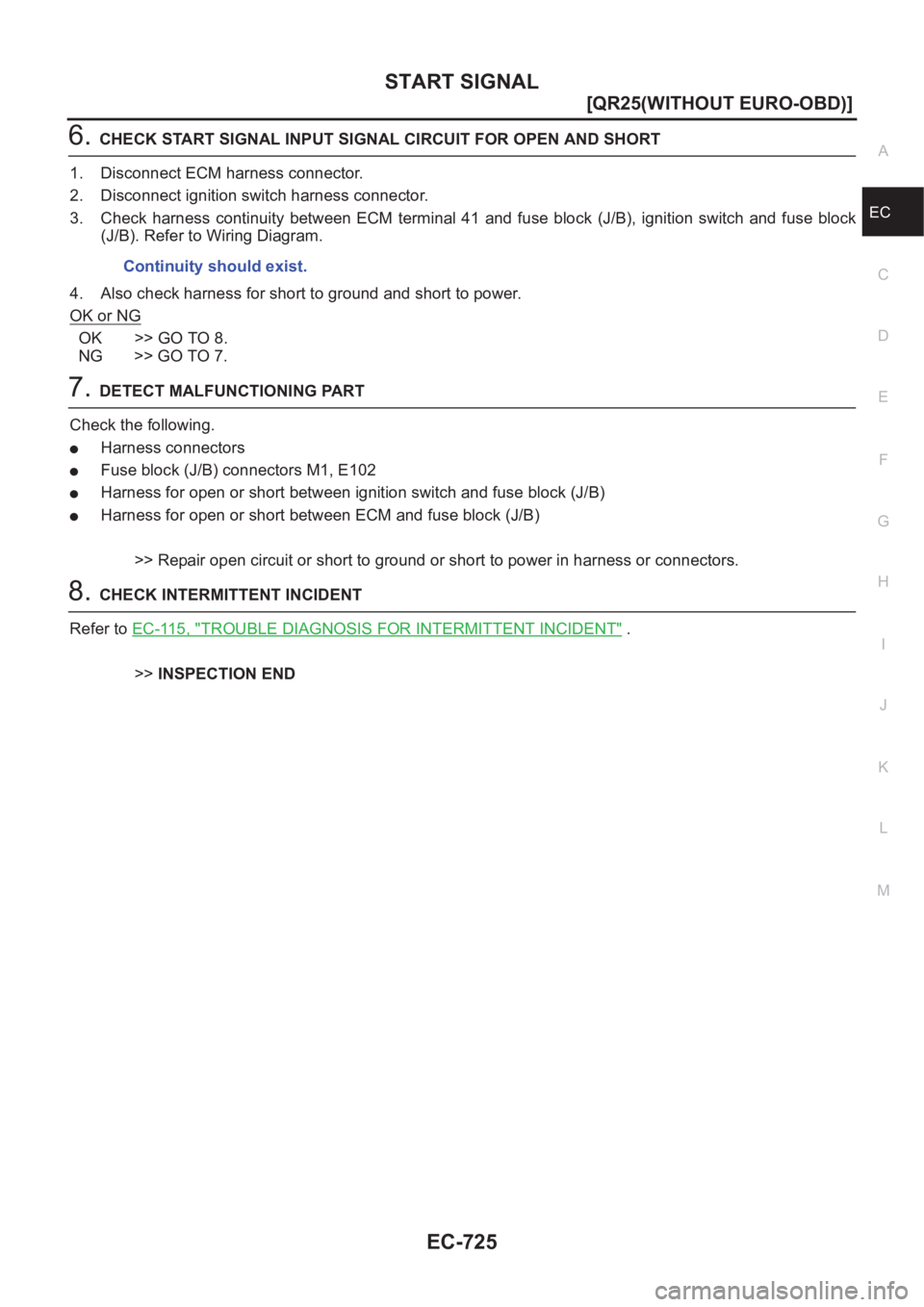 NISSAN X-TRAIL 2001  Service Repair Manual START SIGNAL
EC-725
[QR25(WITHOUT EURO-OBD)]
C
D
E
F
G
H
I
J
K
L
MA
EC
6.CHECK START SIGNAL INPUT SIGNAL CIRCUIT FOR OPEN AND SHORT
1. Disconnect ECM harness connector.
2. Disconnect ignition switch h