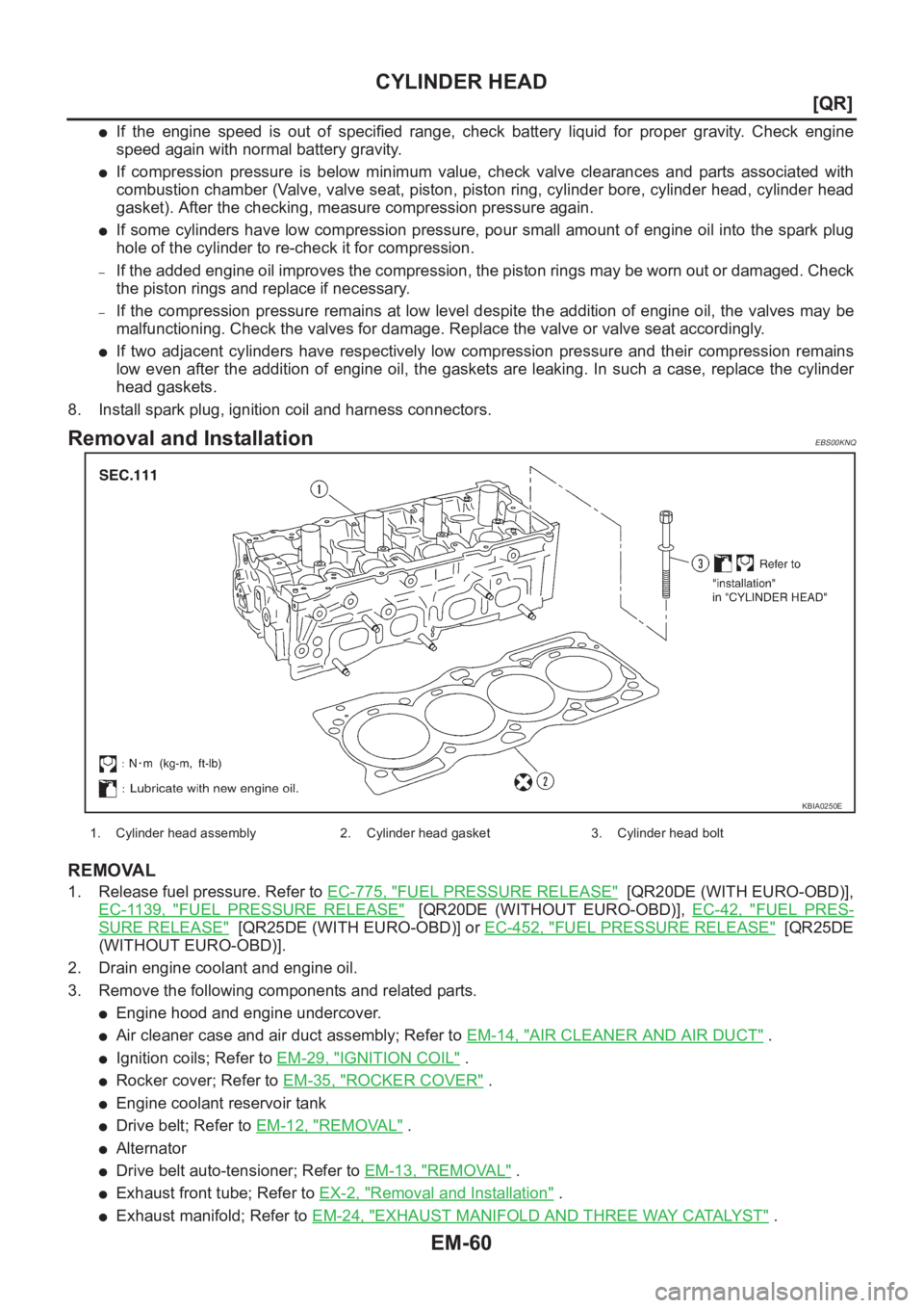 NISSAN X-TRAIL 2001  Service Repair Manual EM-60
[QR]
CYLINDER HEAD
●If  the  engine  speed  is  out  of  specified  range,  check  battery  liquid for proper gravity. Check engine
speed again with normal battery gravity. 
●If  compression