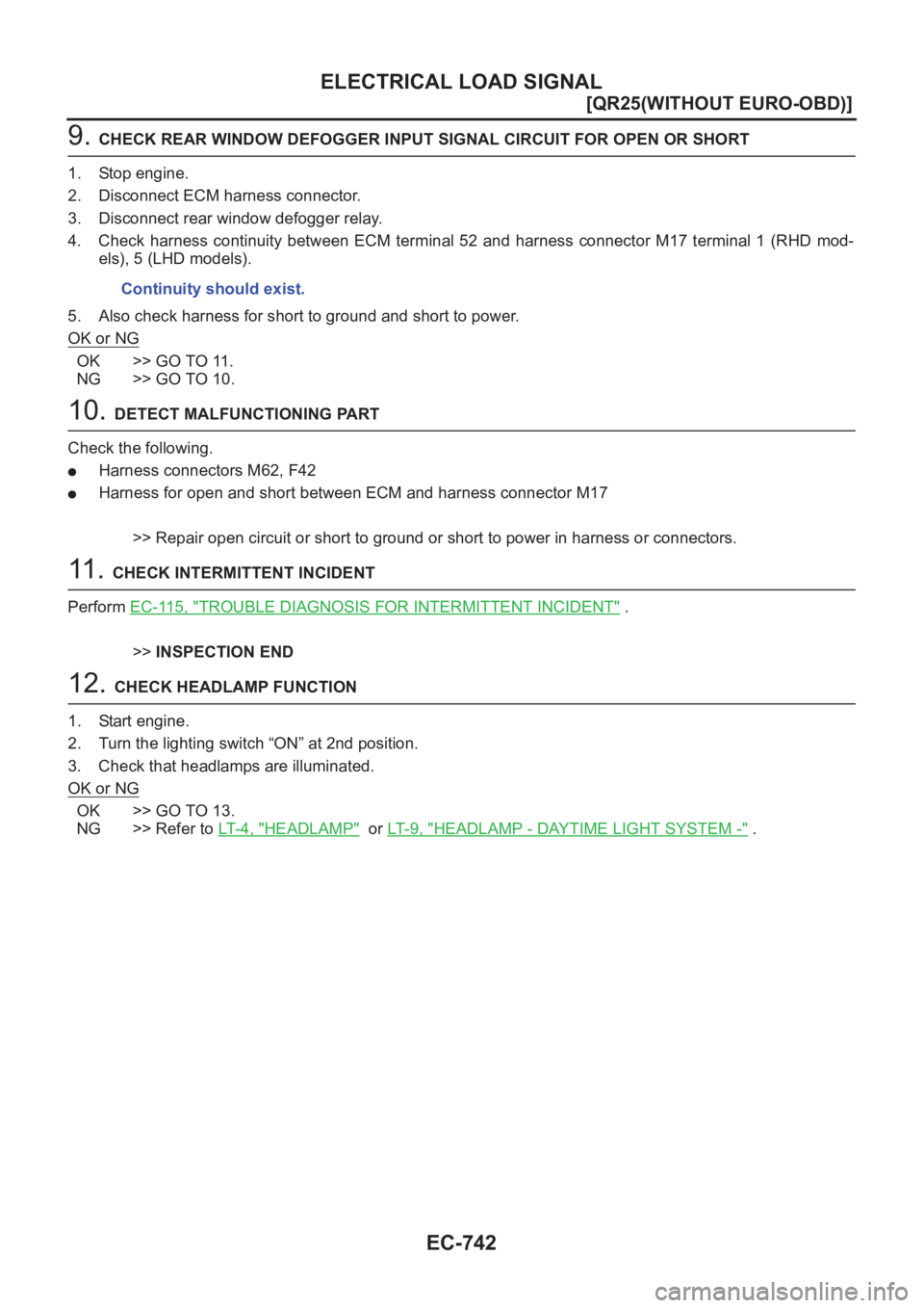 NISSAN X-TRAIL 2001  Service Repair Manual EC-742
[QR25(WITHOUT EURO-OBD)]
ELECTRICAL LOAD SIGNAL
9. CHECK REAR WINDOW DEFOGGER INPUT SIGNAL CIRCUIT FOR OPEN OR SHORT
1. Stop engine.
2. Disconnect ECM harness connector.
3. Disconnect rear wind