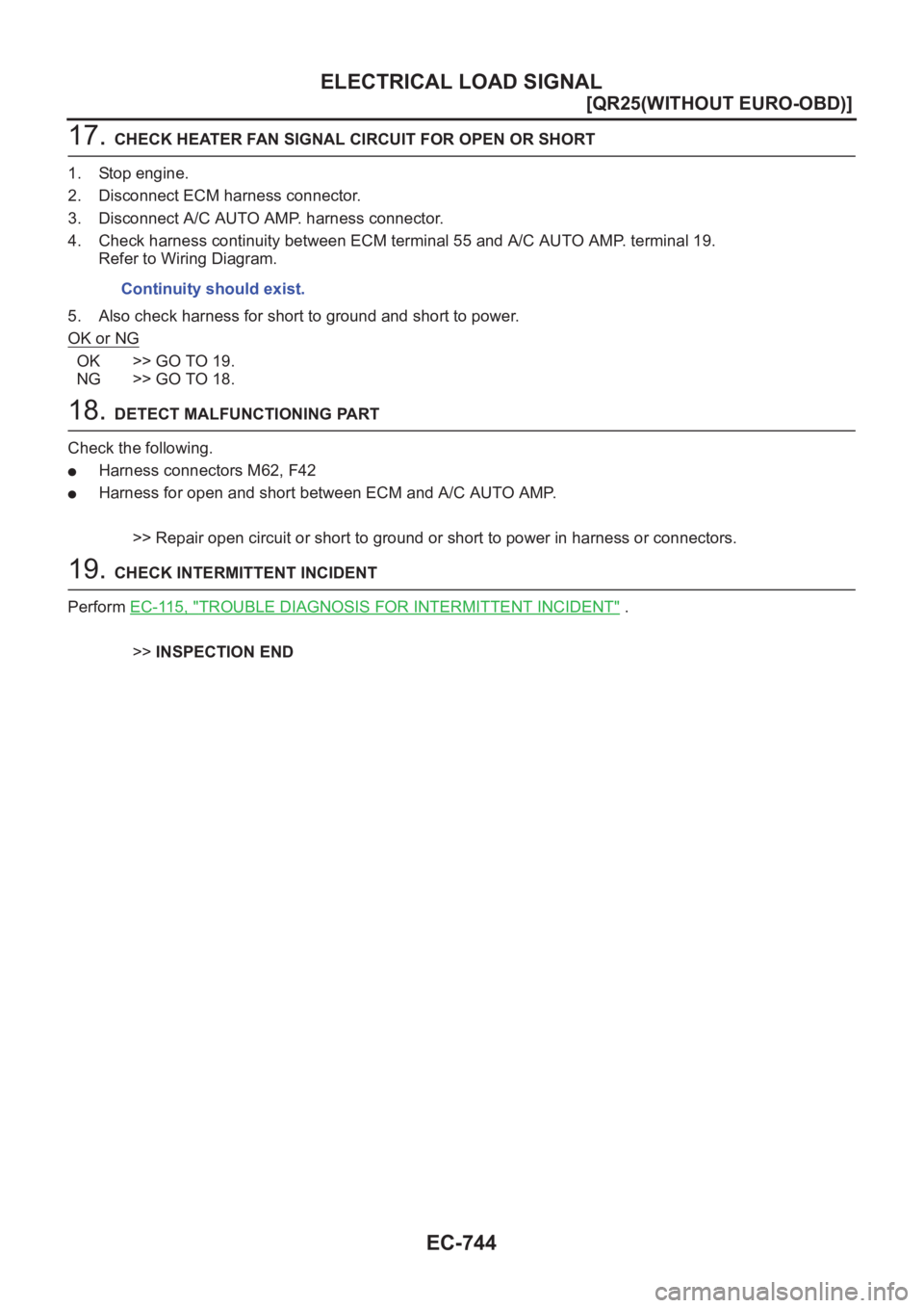 NISSAN X-TRAIL 2001  Service Repair Manual EC-744
[QR25(WITHOUT EURO-OBD)]
ELECTRICAL LOAD SIGNAL
17. CHECK HEATER FAN SIGNAL CIRCUIT FOR OPEN OR SHORT
1. Stop engine.
2. Disconnect ECM harness connector.
3. Disconnect A/C AUTO AMP. harness co