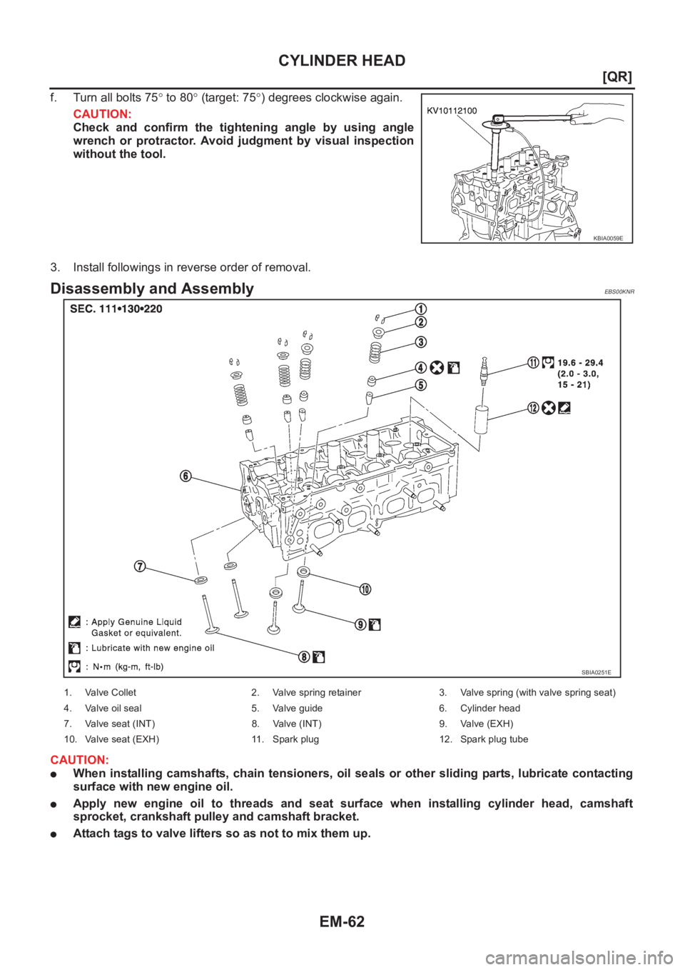 NISSAN X-TRAIL 2001  Service Repair Manual EM-62
[QR]
CYLINDER HEAD
f. Turn all bolts 75° to 80° (target: 75°) degrees clockwise again.
CAUTION:
Check  and  confirm  the  tightening  angle  by  using  angle
wrench  or  protractor.  Avoid  j
